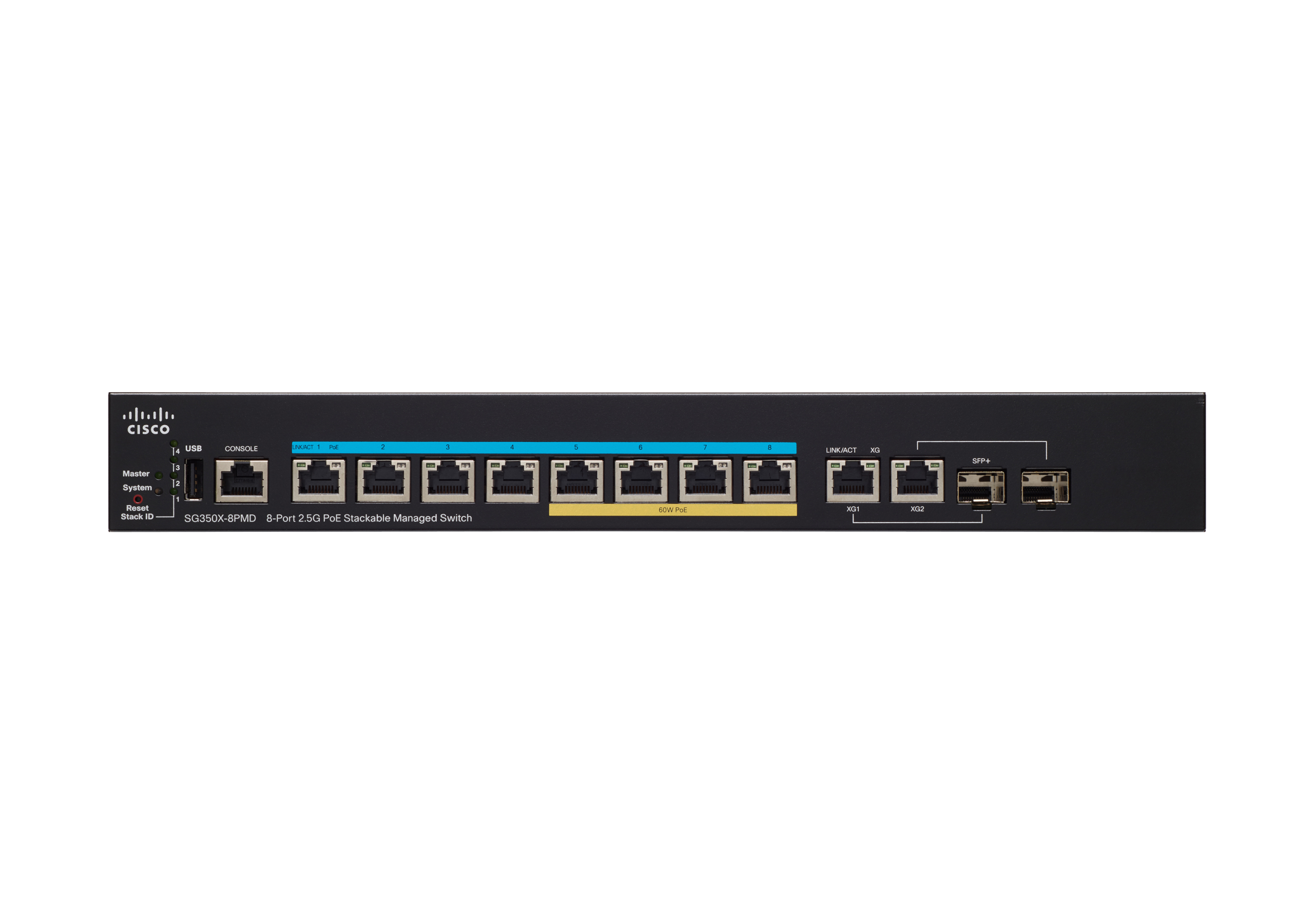 Schwarzer Cisco Netzwerk-Switch mit Anschlüssen, Beschriftungen und Logo. Weißer Hintergrund.
