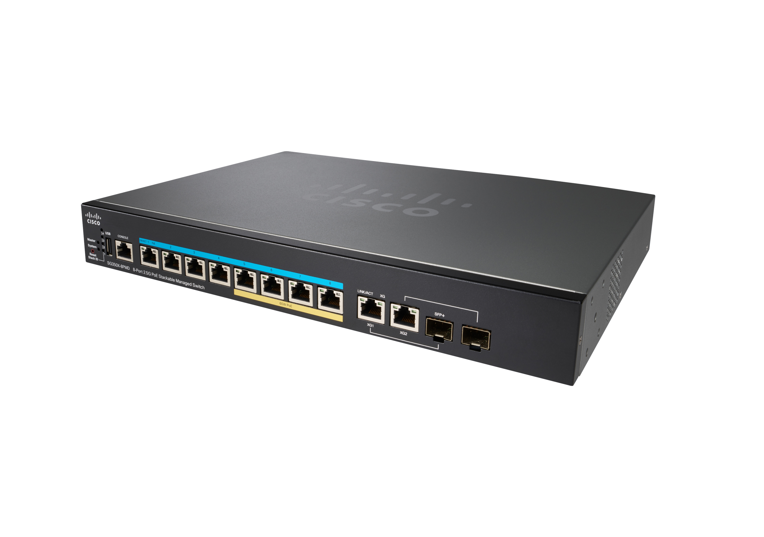 Cisco Netzwerk-Switch, Vorderansicht, mit Anschlüssen und Cisco-Logo auf Schwarz.