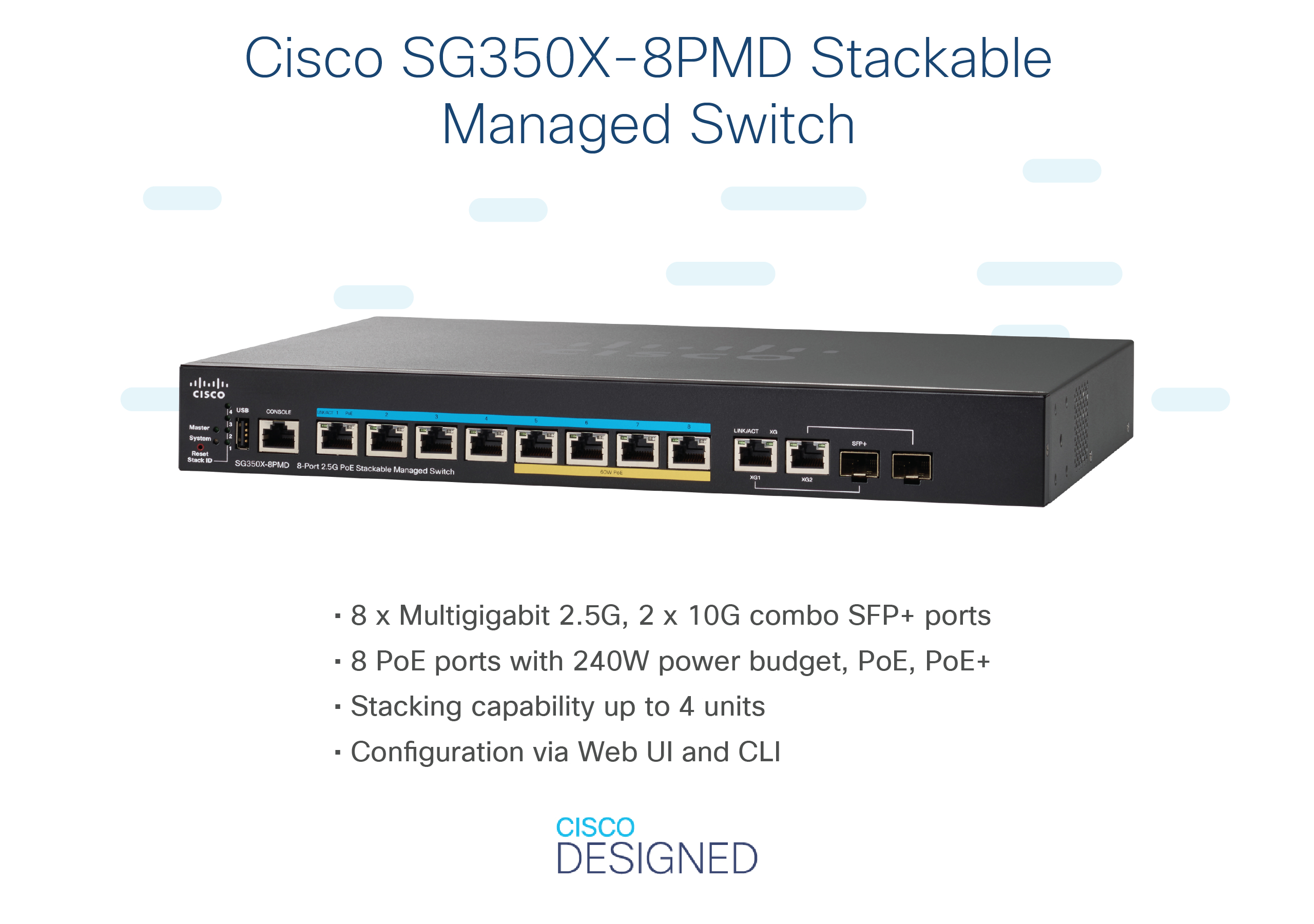Cisco SG350X-8PMD Switch. Schwarz, Vorderseite mit Anschlüssen und Beschriftungen. Text unten.