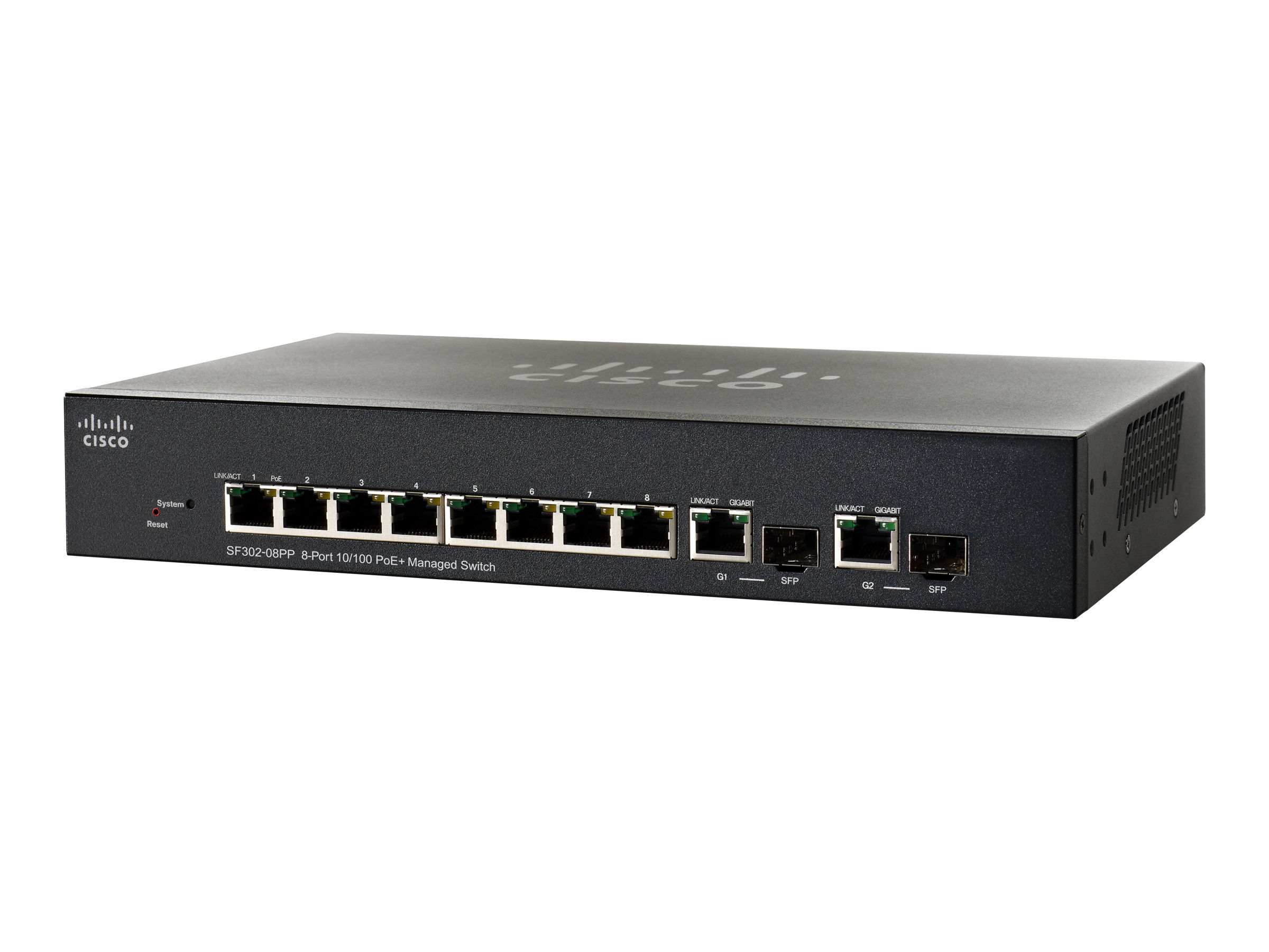 Schwarzer Cisco-Netzwerk-Switch mit Anschlüssen und Beschriftungen, isoliert auf weißem Hintergrund.