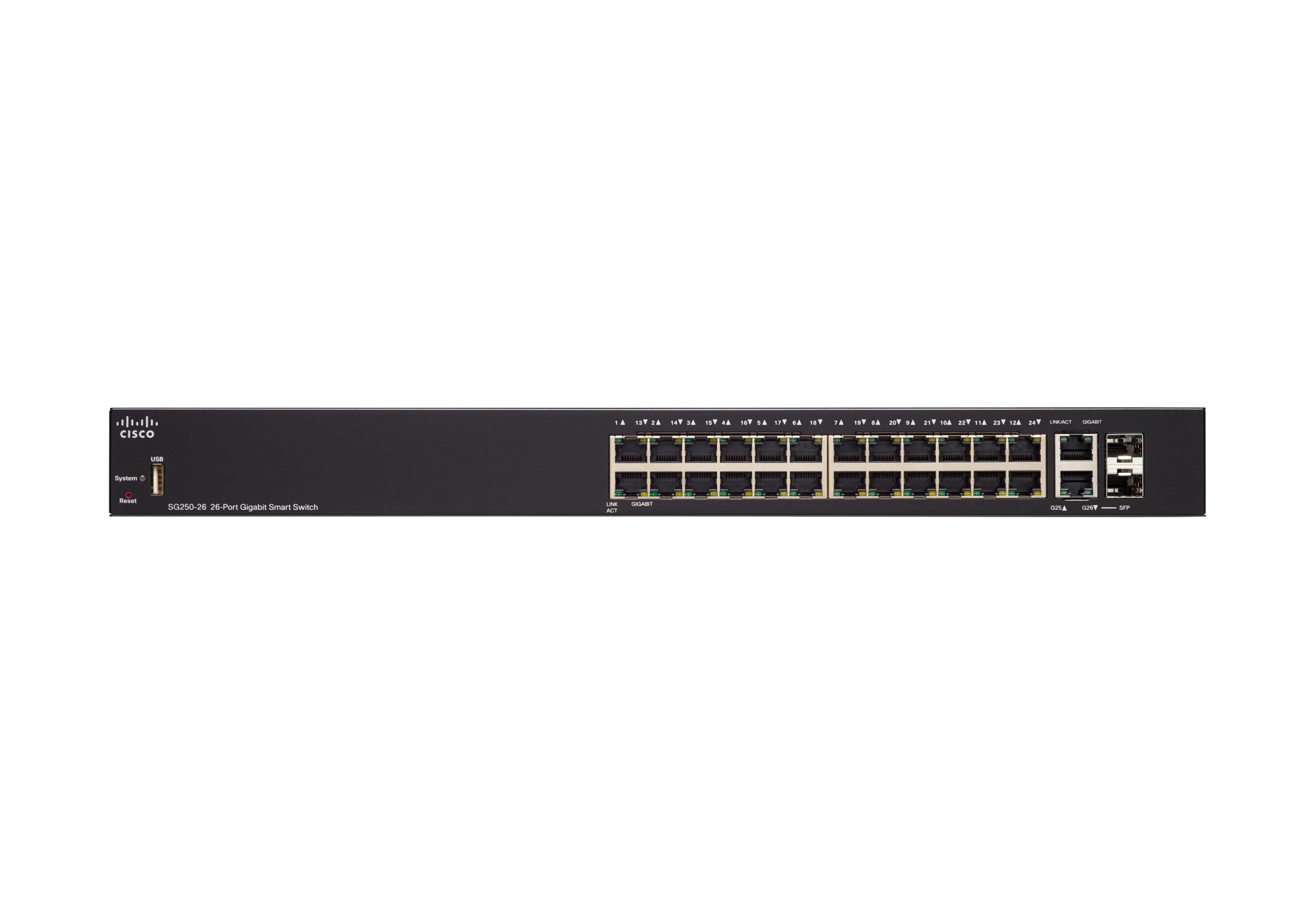 Switch di rete Cisco nero con più porte, sfondo bianco.