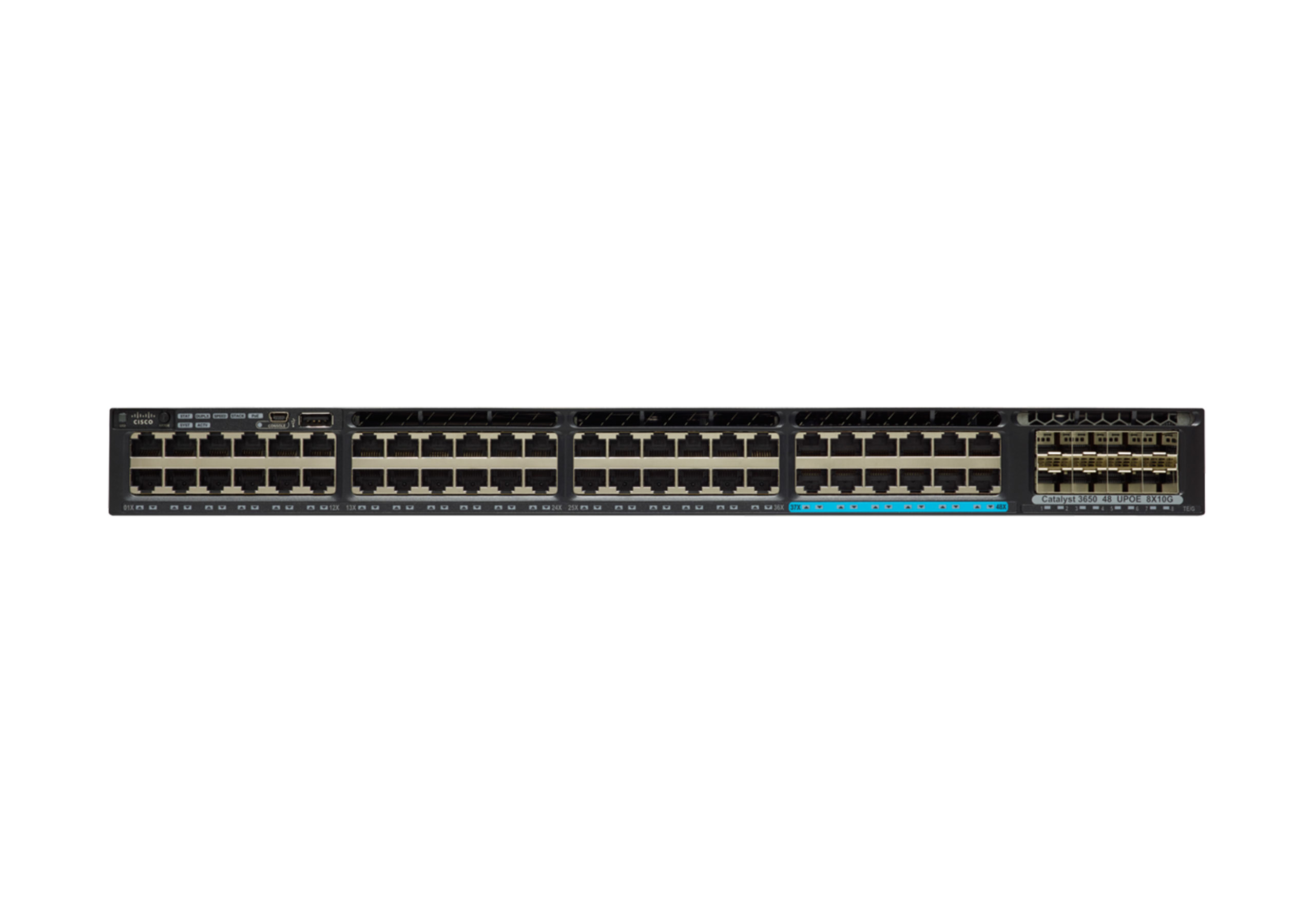 Schwarzer Cisco Switch auf Weiß. Zahlreiche Ports sichtbar, Cisco-Logo links.