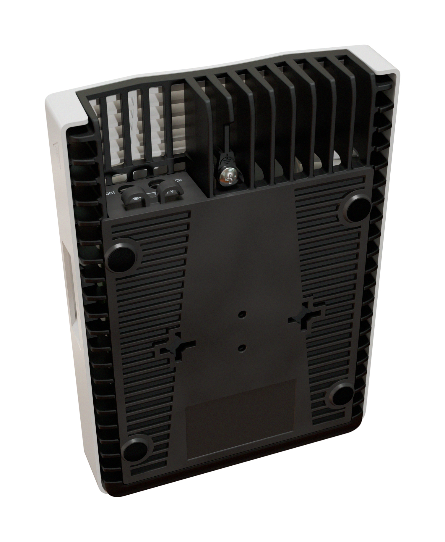 Widok z tyłu białego i czarnego urządzenia sieciowego z otworami wentylacyjnymi i portami.