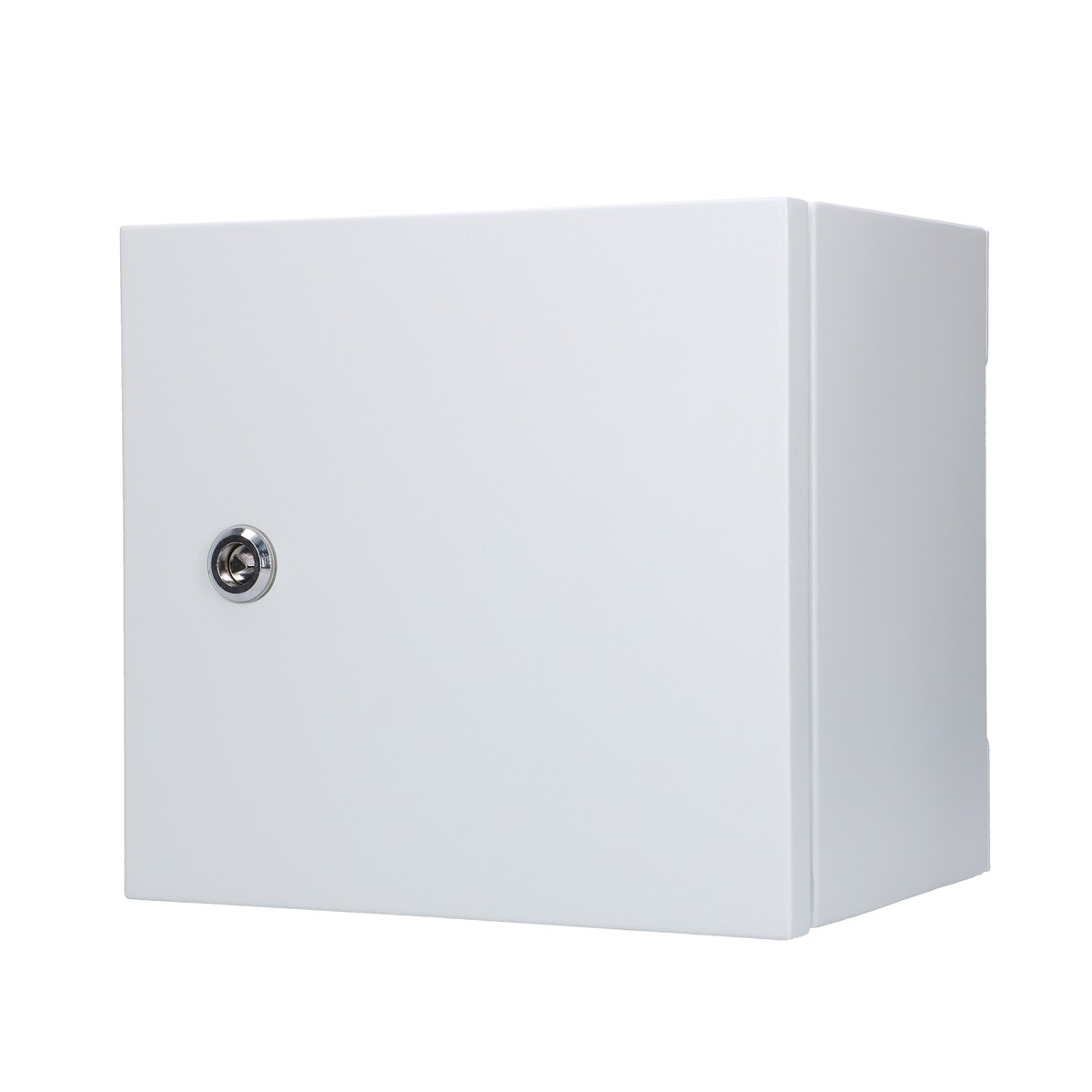 Białe pudełko z dziurką od klucza z przodu, widok pod kątem na białym tle.