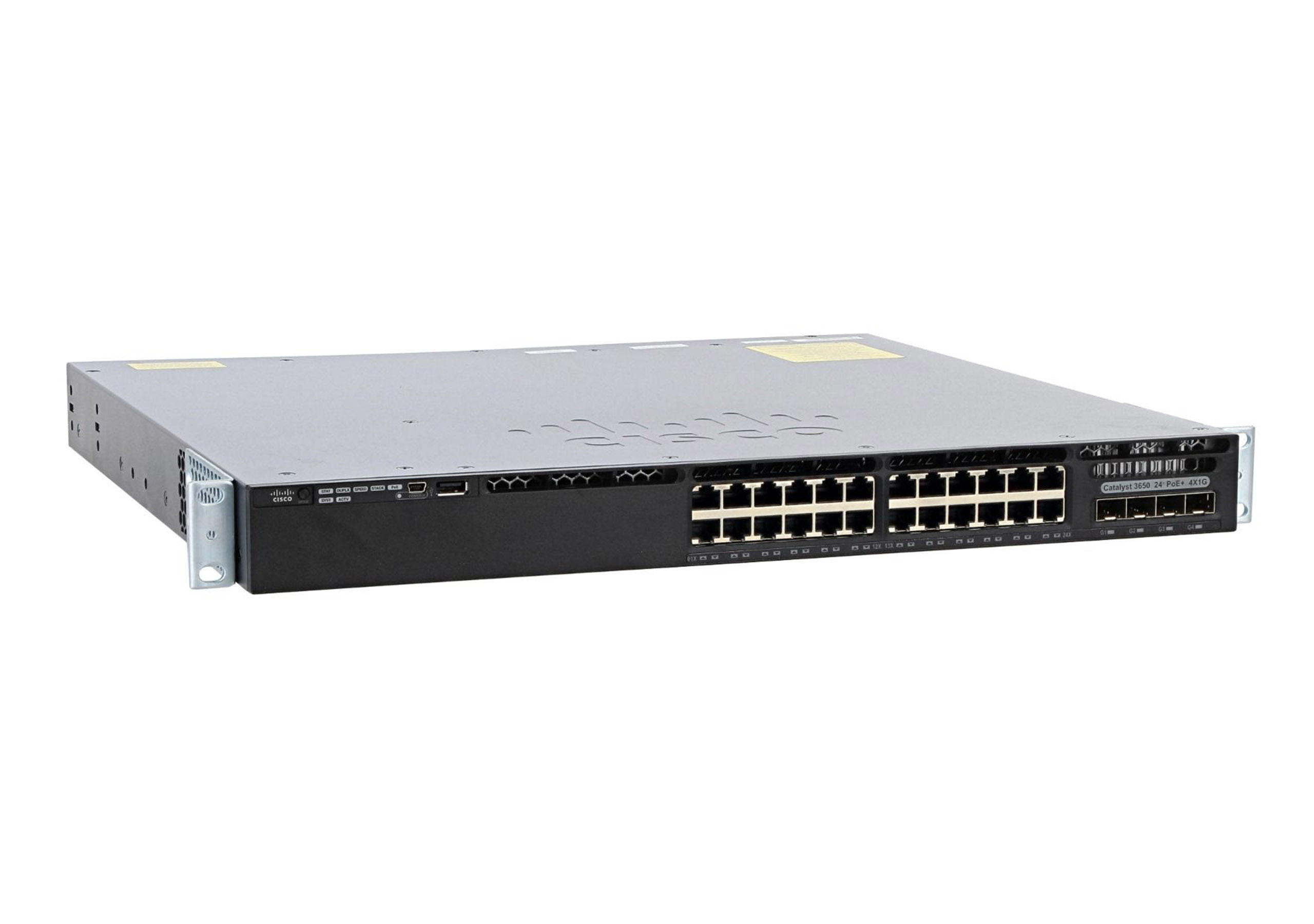 Schwarzer Cisco Netzwerk-Switch mit Anschlüssen und Beschriftungen auf weißem Grund.
