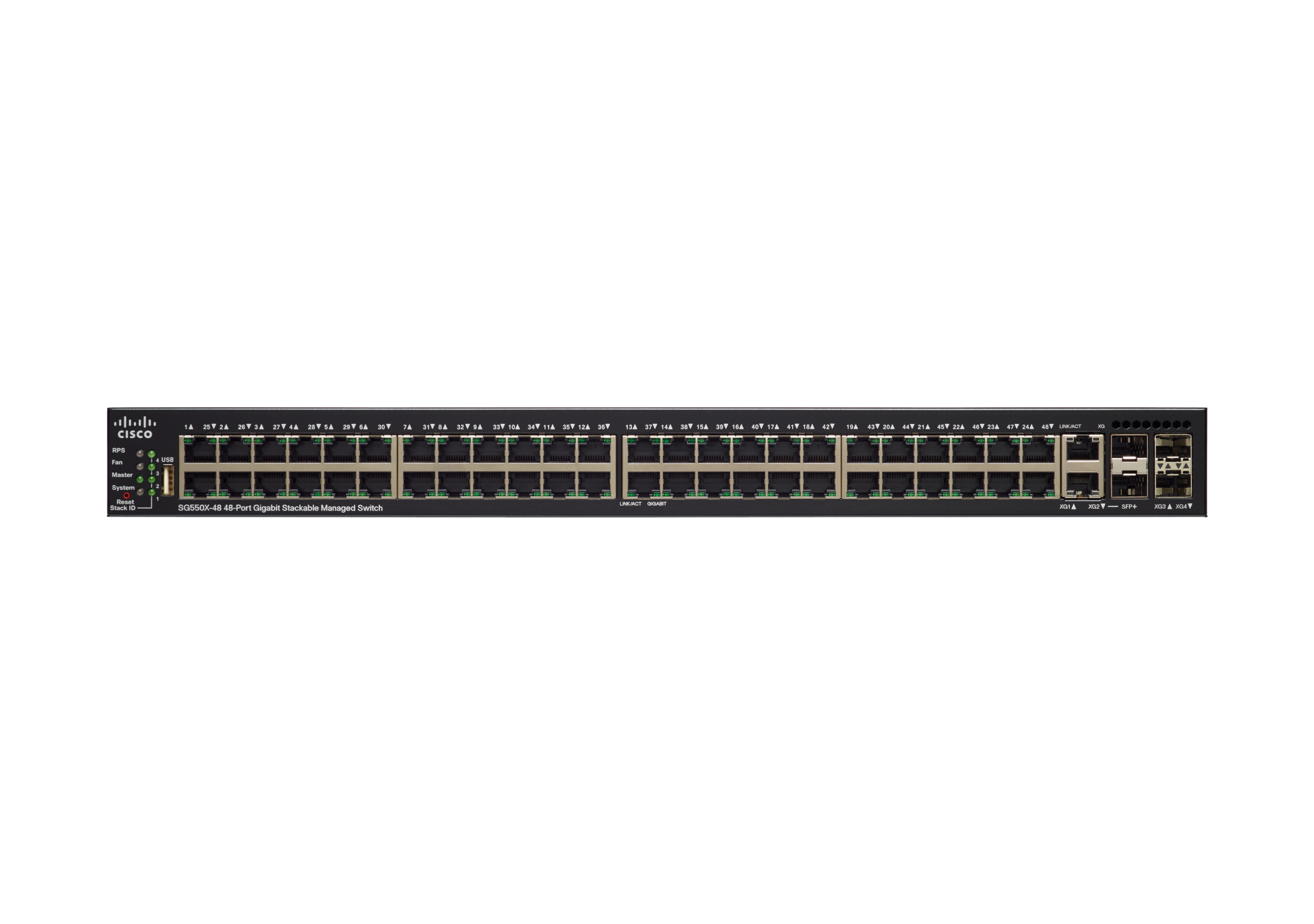Ein schwarzer Cisco Netzwerk-Switch. Er hat 48 Ports auf der Vorderseite und Kontrollleuchten. Das Modell ist sichtbar.