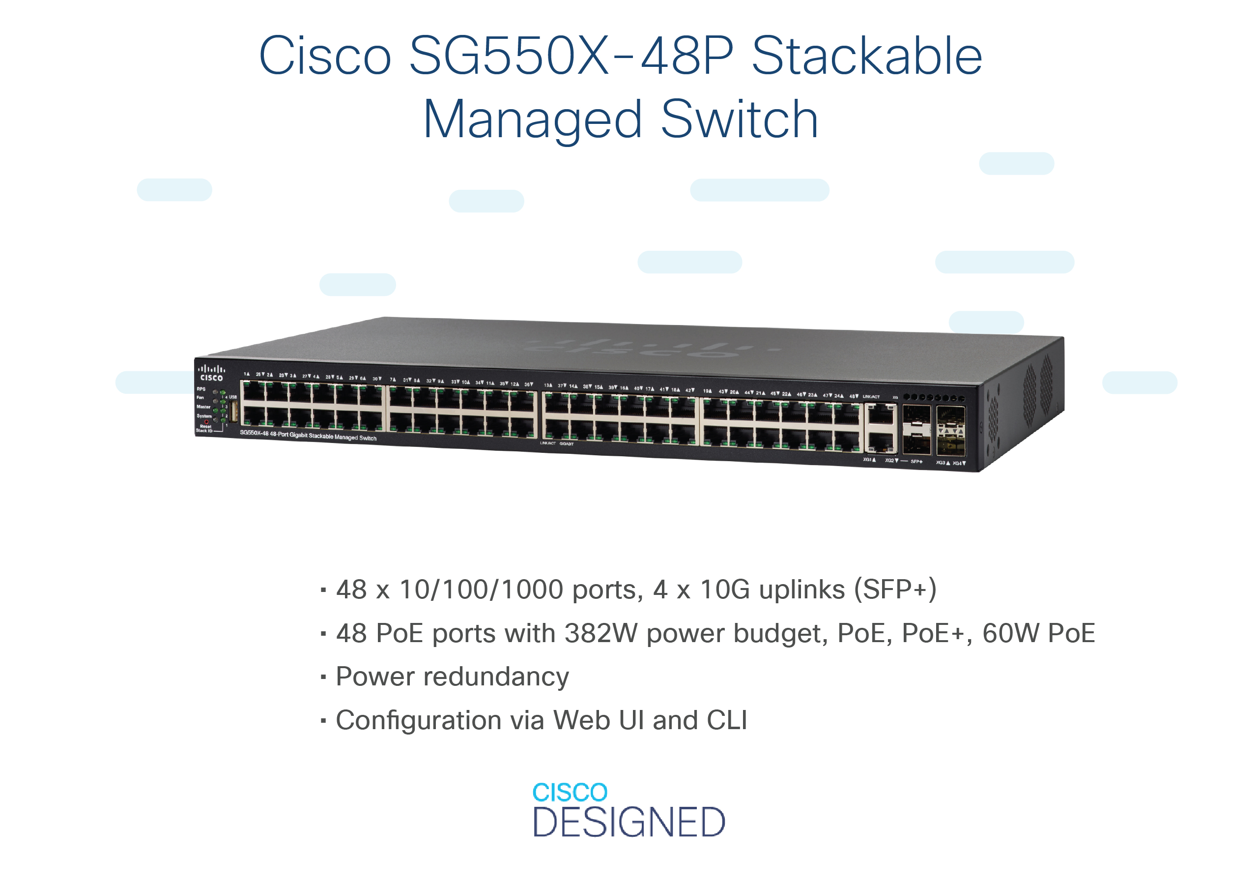 Cisco SG550X-48P Switch mit Beschriftungen und Anschlüssen mit Textbeschreibung unten.