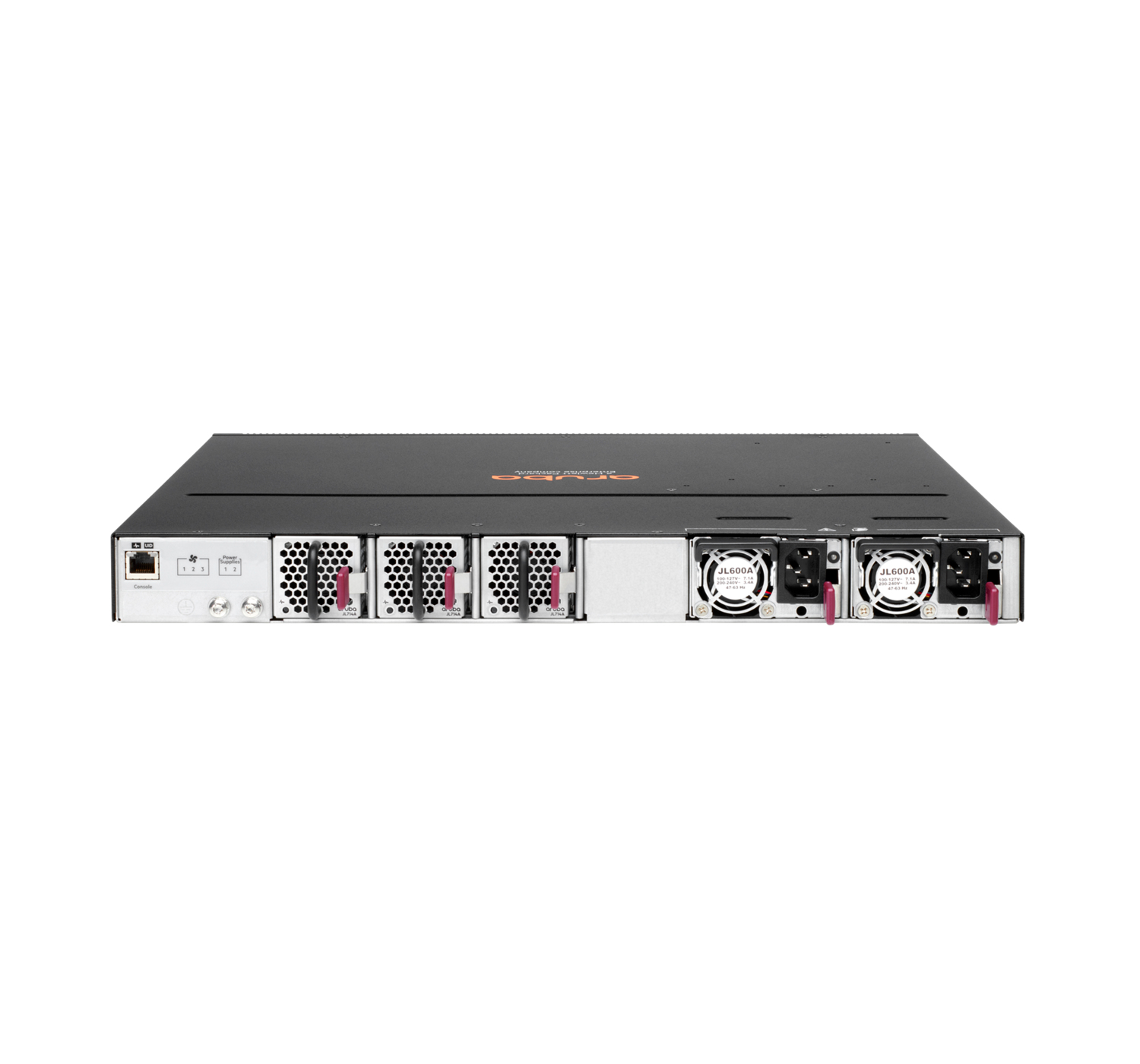 Die Rückseite eines schwarzen Aruba-Switches mit Lüftern und Anschlüssen. Es befindet sich auf weißem Hintergrund.