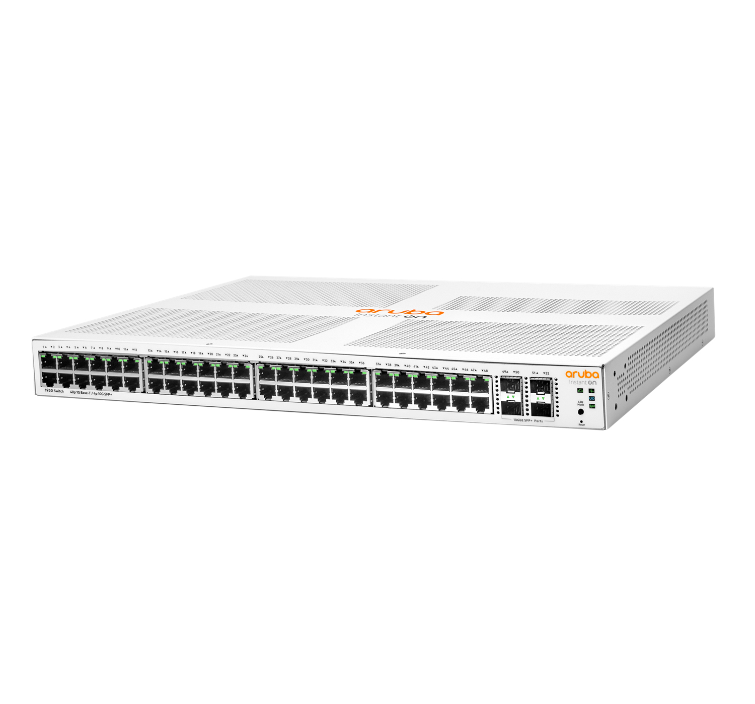 Switch di rete ARUBA bianco, vista frontale, con porte ed etichette. Sfondo bianco.