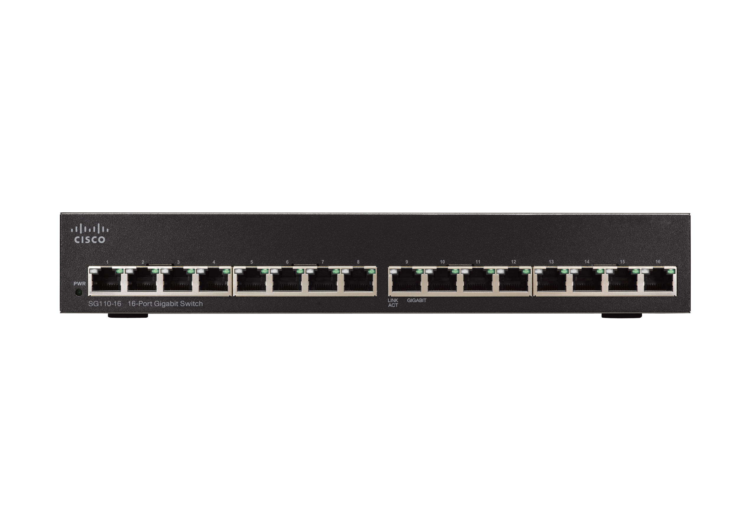 Schwarzer Cisco 16-Port Gigabit-Switch, Vorderansicht. Weißer Hintergrund. Anschlüsse beschriftet.