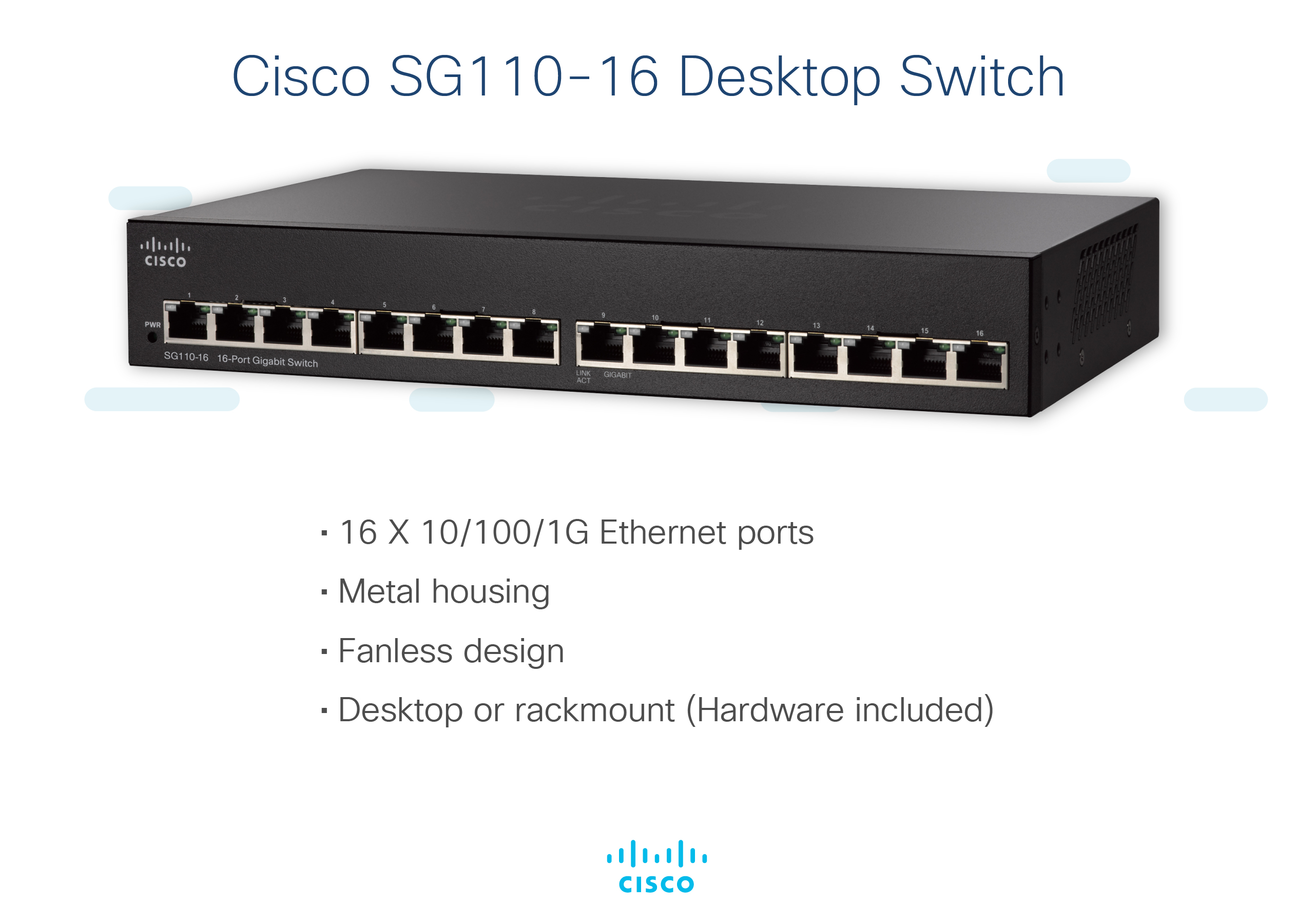 Schwarzer Cisco SG110-16 Desktop-Switch mit Anschlüssen, Etiketten und weißem Hintergrund.