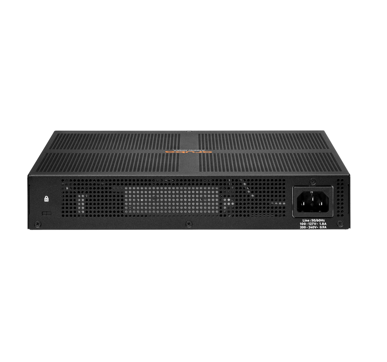Vista trasera de un dispositivo de red negro con ventilación, entrada de alimentación y funciones de seguridad.