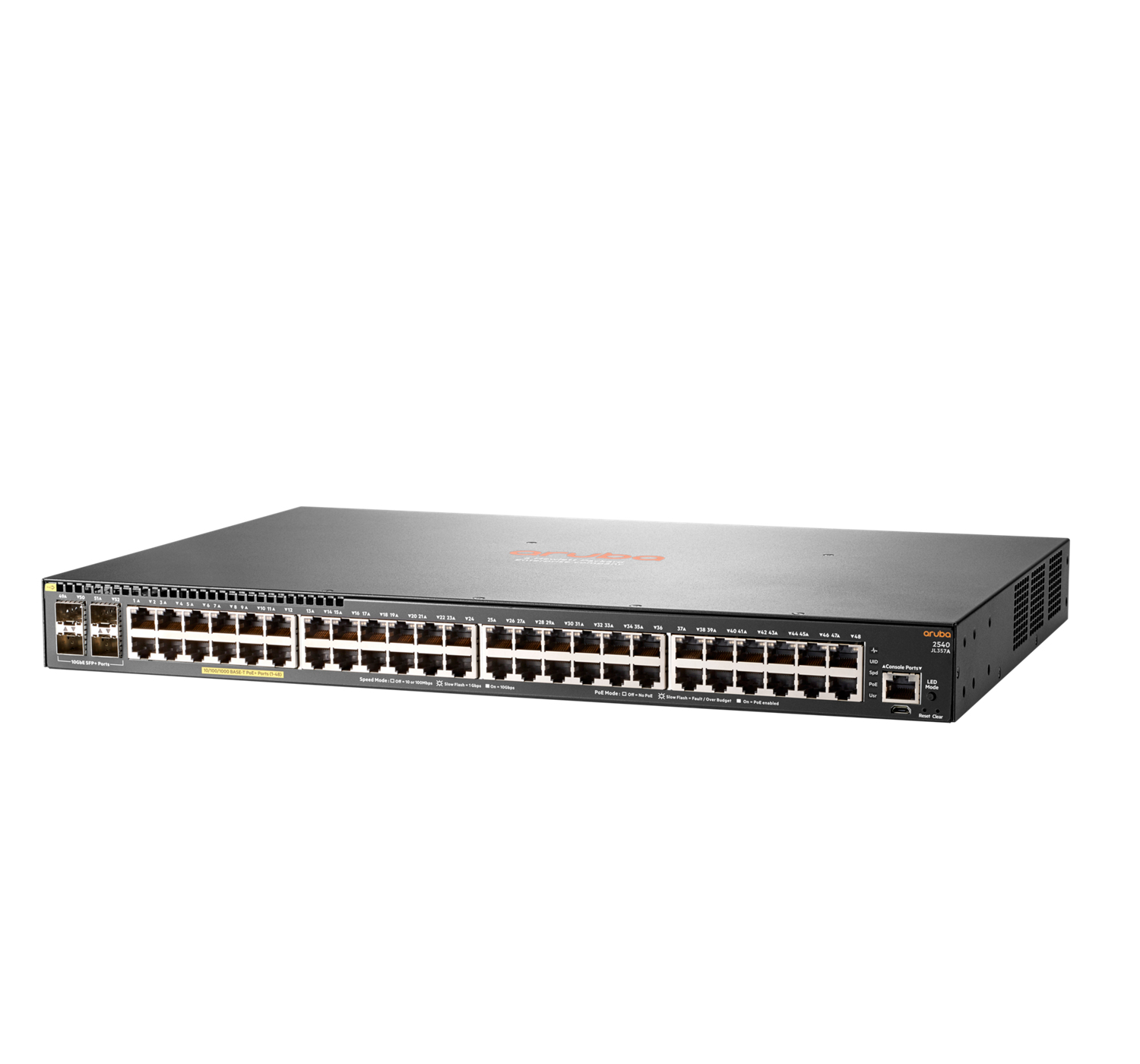 Switch de red negro con numerosos puertos. El dispositivo tiene una etiqueta Aruba.