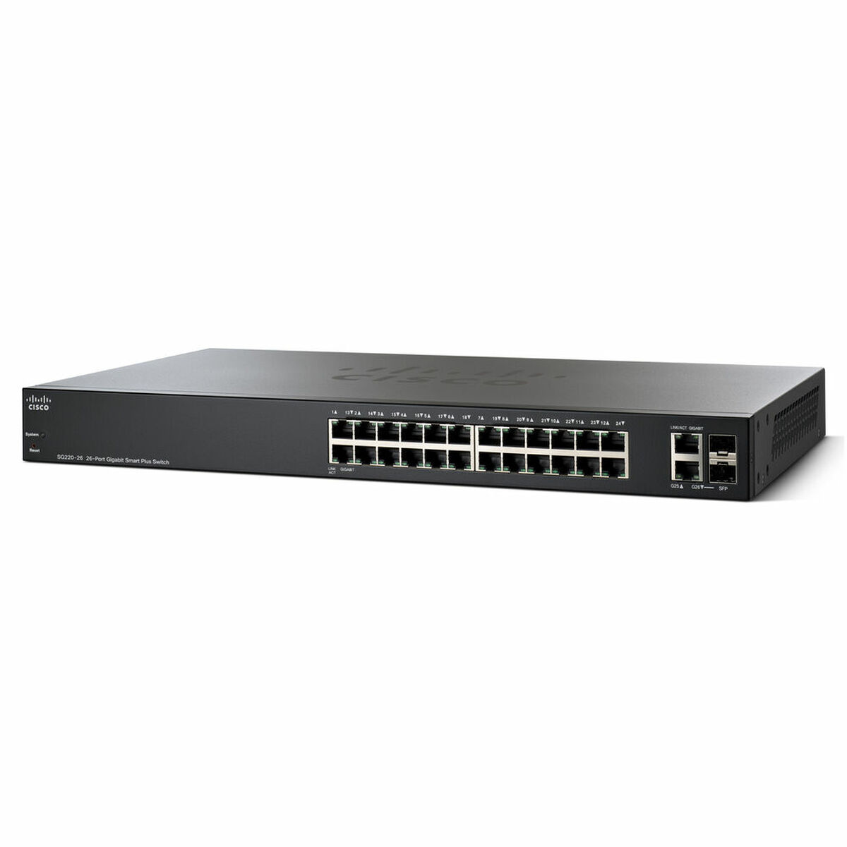 Ein schwarzer Cisco Netzwerk-Switch mit zahlreichen Anschlüssen und Beschriftungen auf weißem Hintergrund.