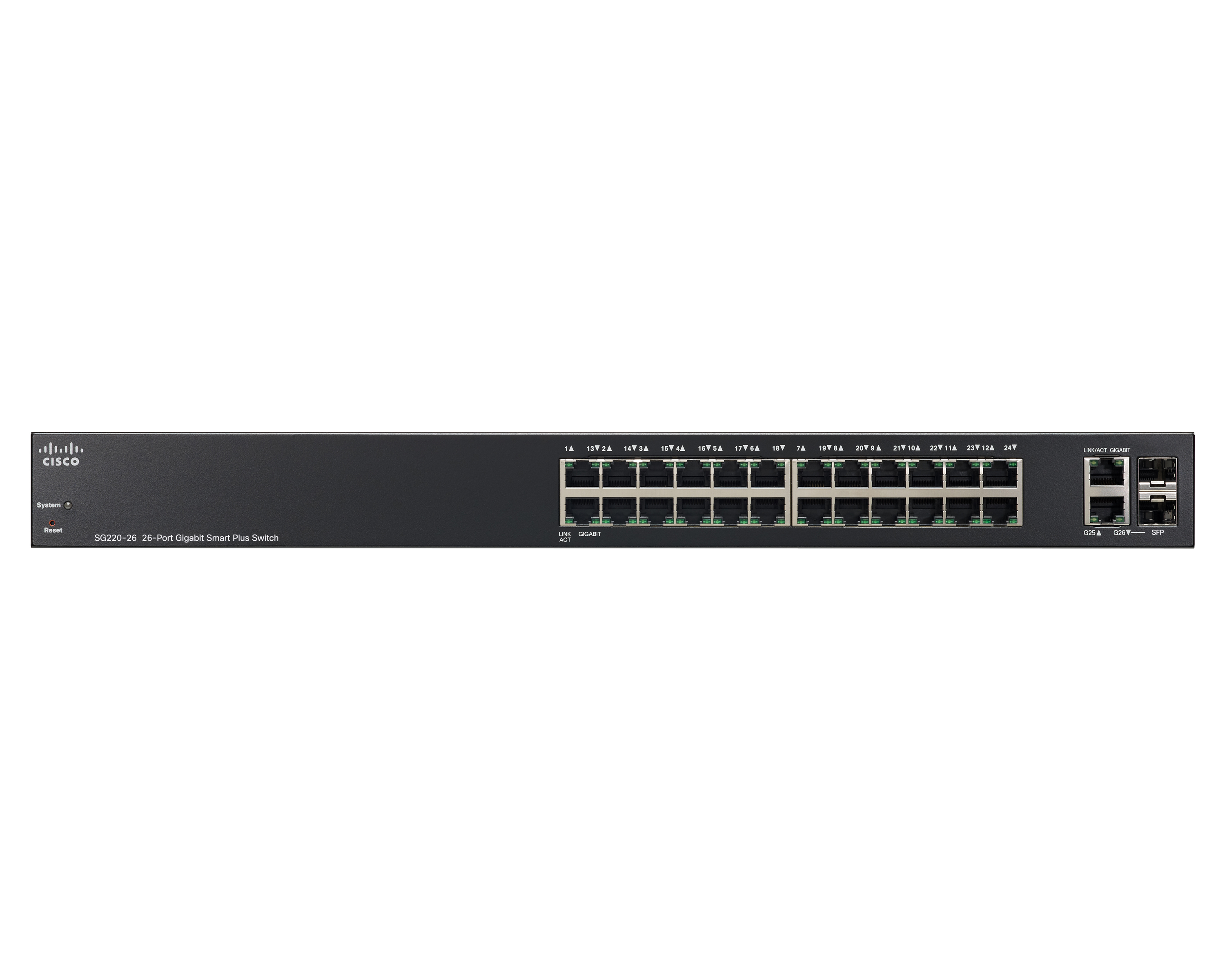 Schwarzer Netzwerk-Switch mit mehreren Anschlüssen und dem CISCO-Logo.