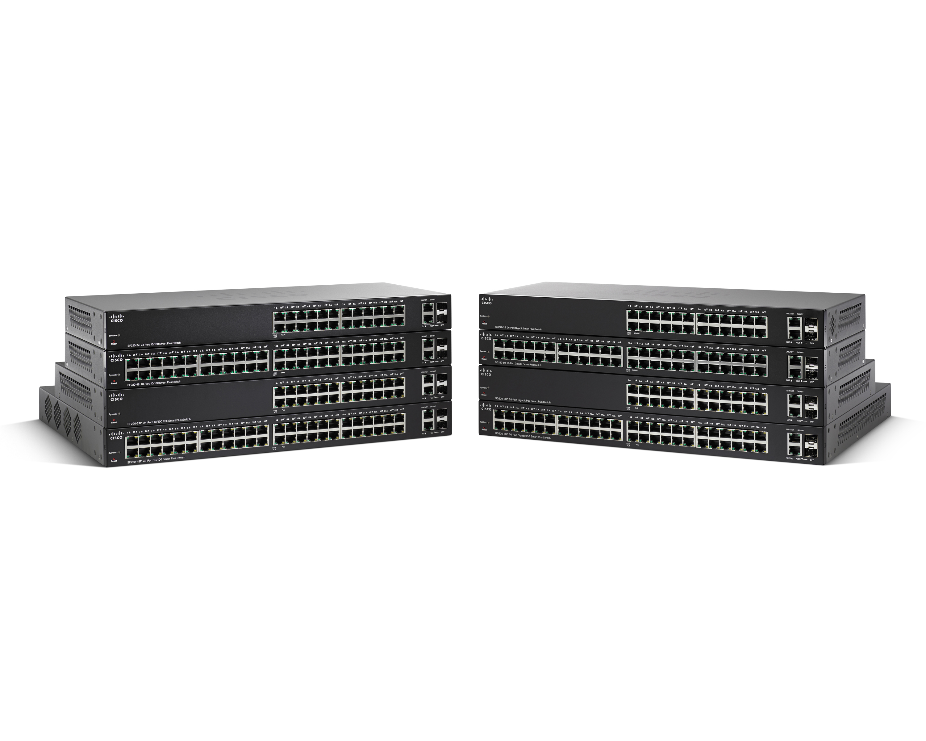 Ein Stapel schwarzer Cisco-Netzwerk-Switches, von der Seite betrachtet.