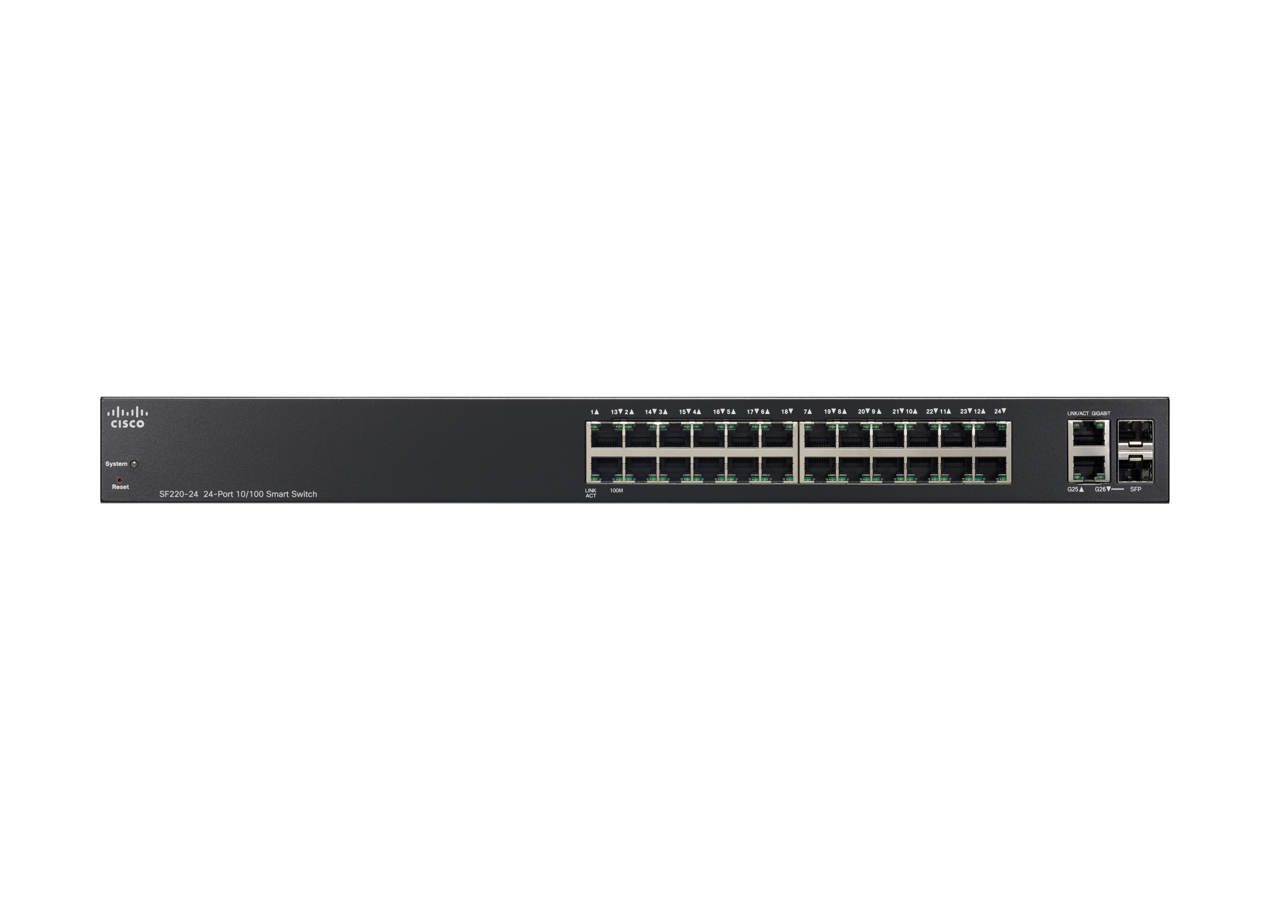 Schwarzer Cisco-Switch mit 24 Anschlüssen, beschriftet, mit Logo auf der linken Seite.
