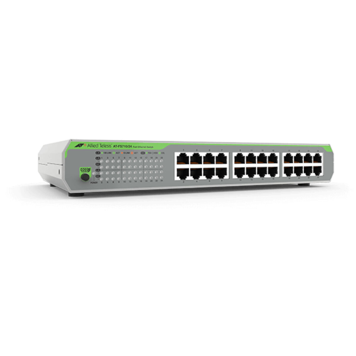 Switch di rete grigio e bianco con molte porte, etichette e un logo Allied Telesis verde.