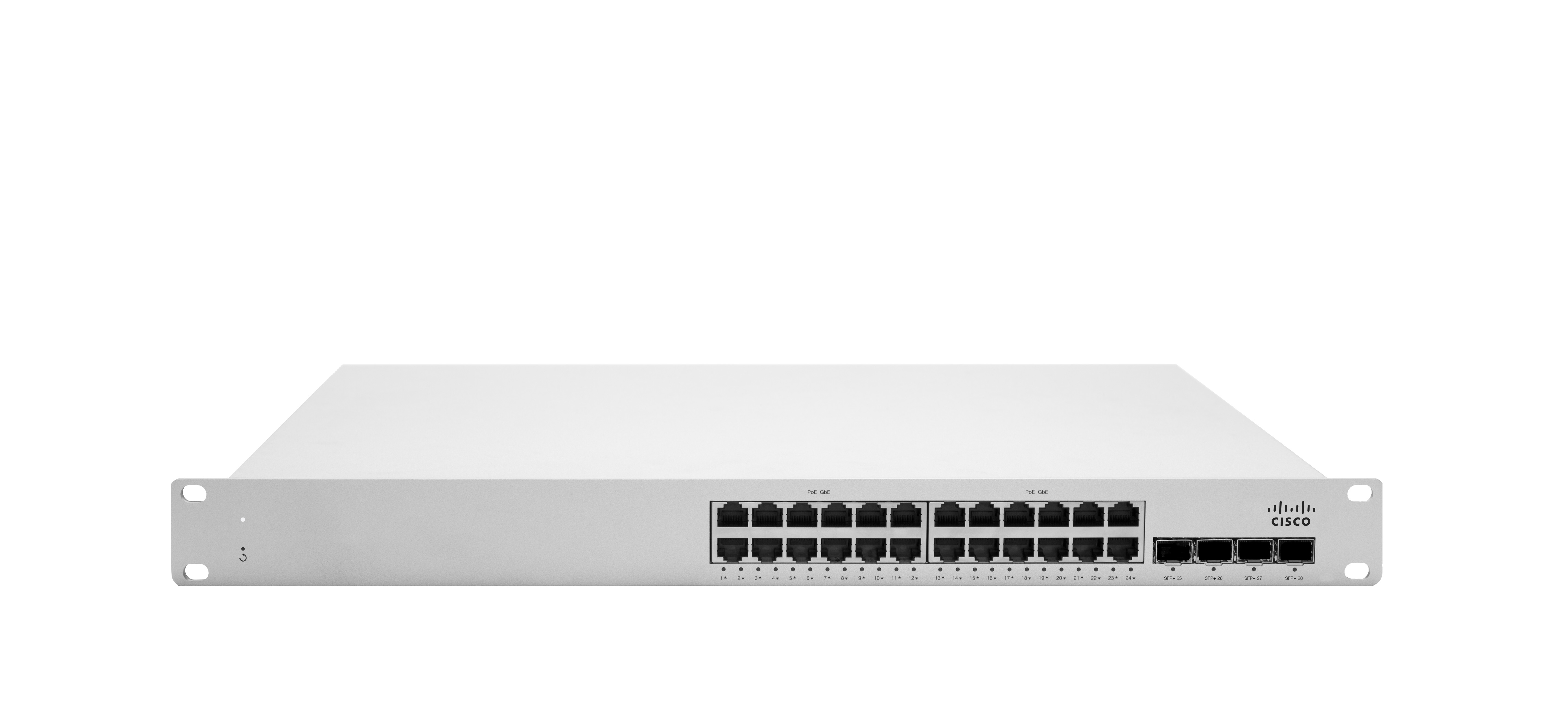 Switch bianco con molte porte e logo Cisco. È su sfondo bianco con le porte etichettate.