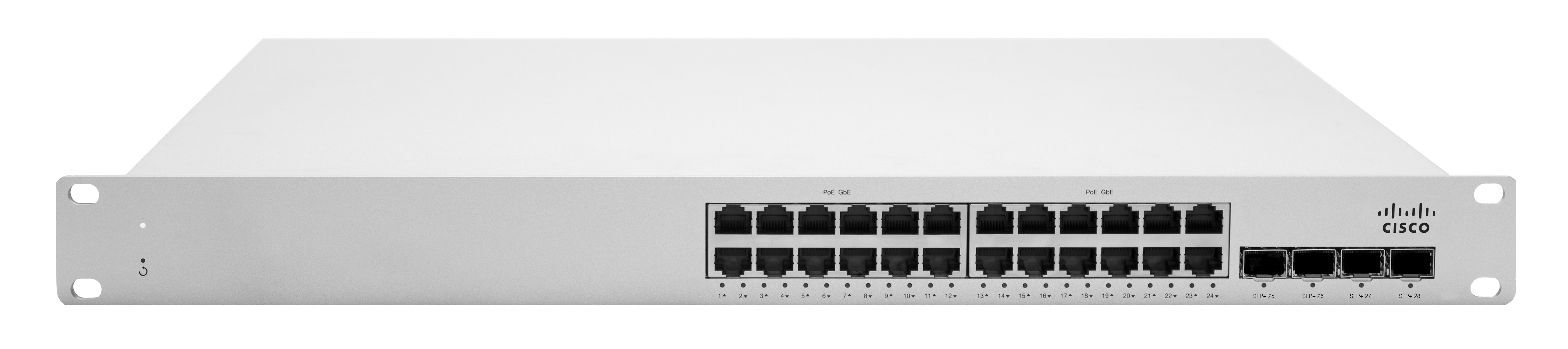 Switch Cisco bianco con molte porte. Logo Cisco a destra. Sfondo bianco.