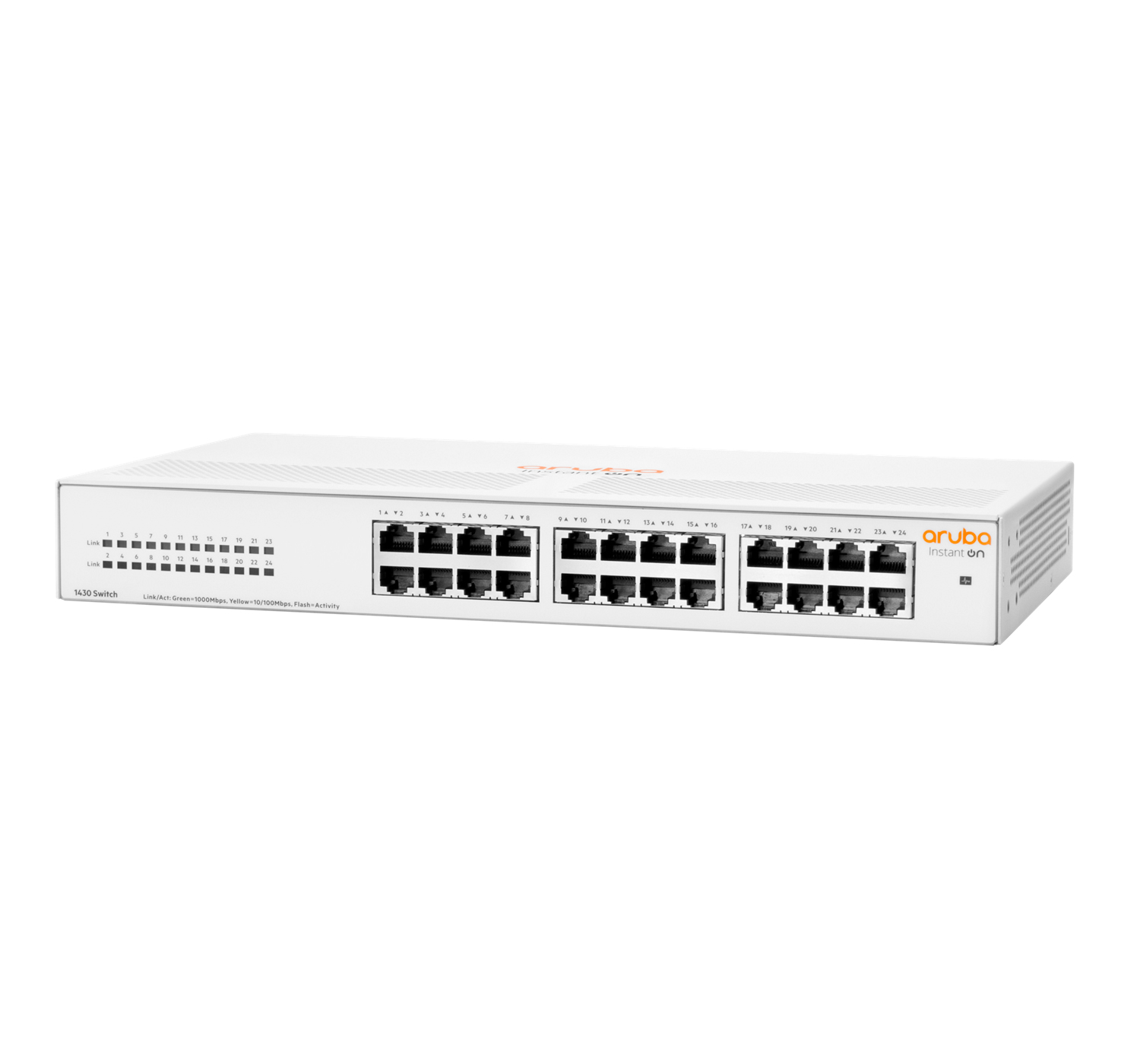 Switch di rete bianco con più porte, etichettato, e logo Aruba su sfondo bianco.