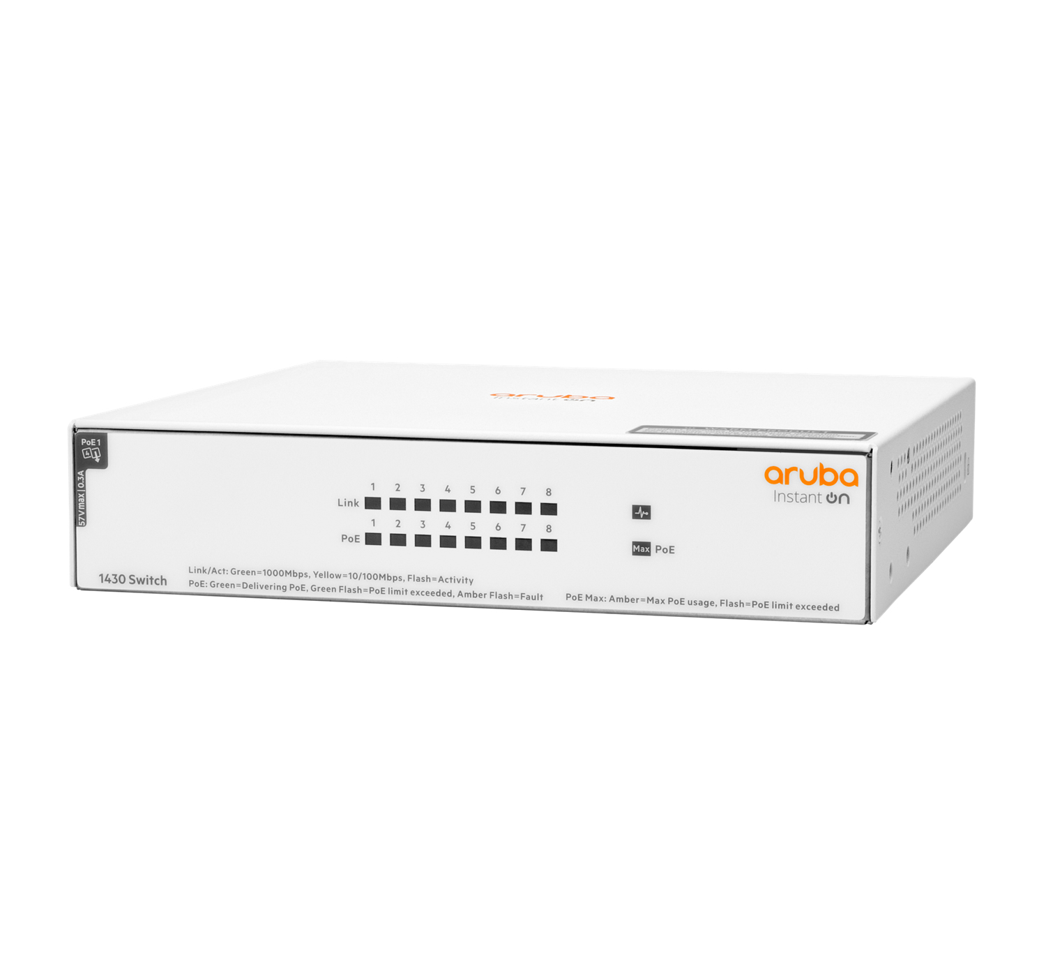 Switch di rete bianco con porte e marchio Aruba Instant On, su sfondo bianco.