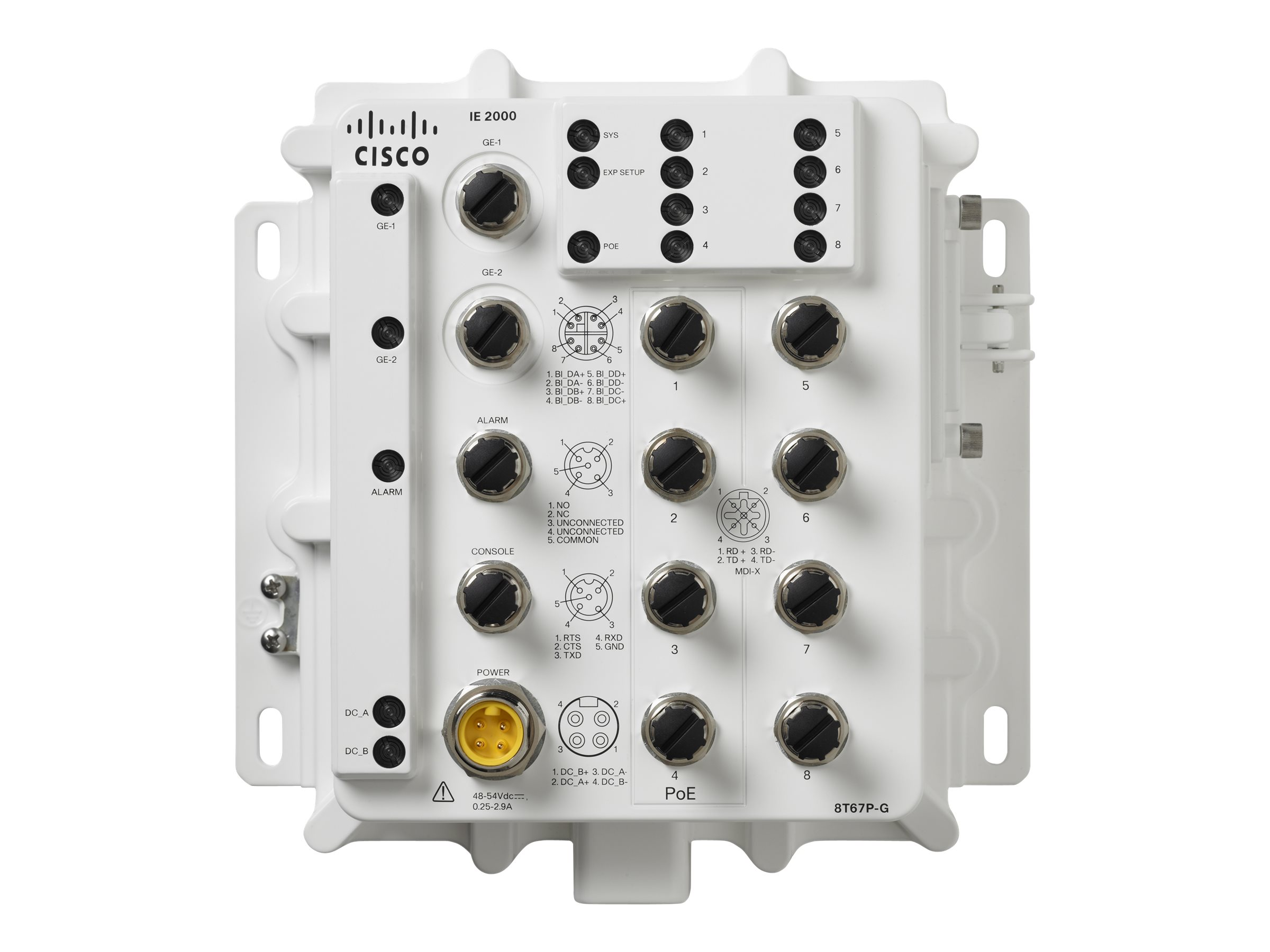Dispositivo di rete bianco con diverse porte ed etichette. Ha un logo Cisco e vari connettori.