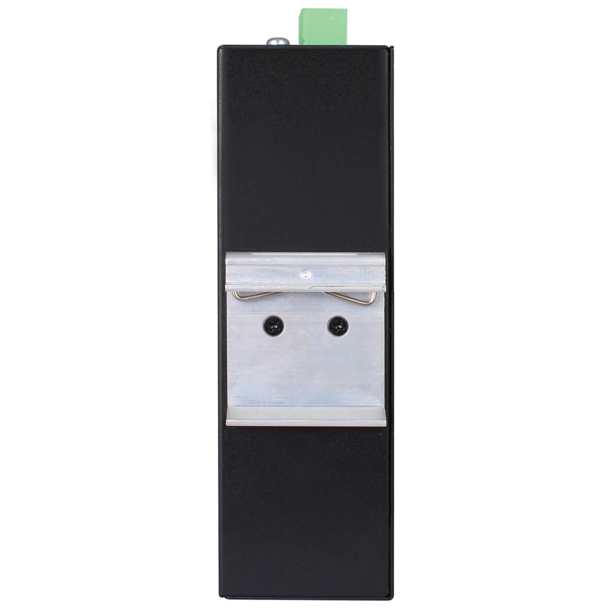 Czarne urządzenie z zielonym złączem i otworami na śruby na białym tle.