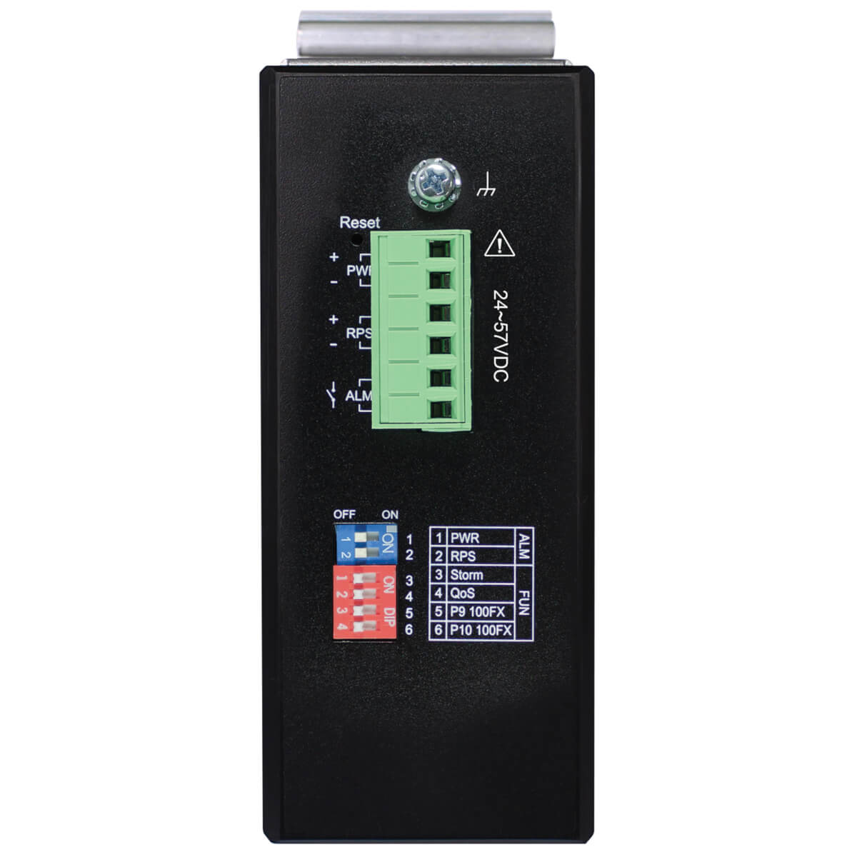 Czarne urządzenie ze złączami, oznaczone i przyciskiem reset z różnymi wskaźnikami.