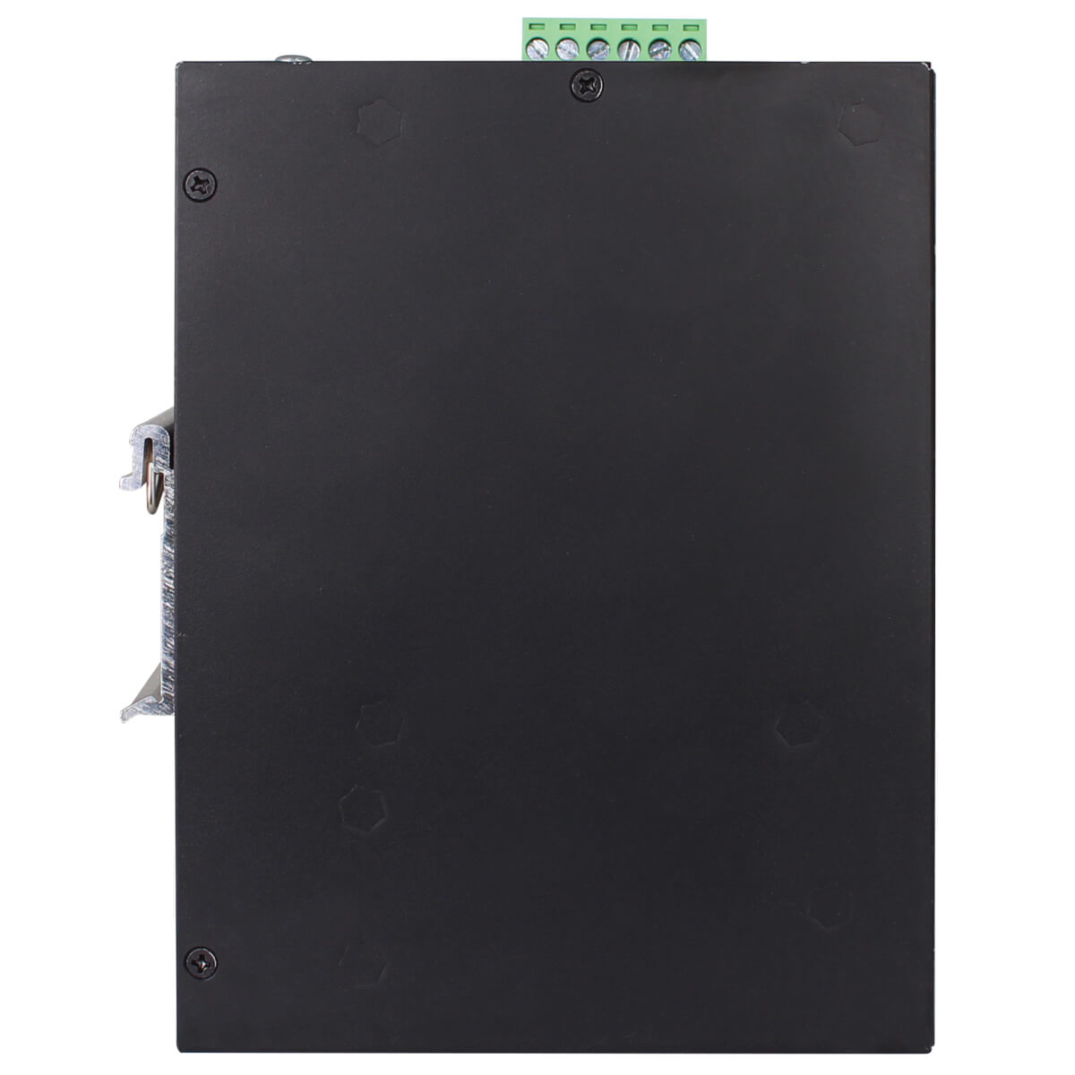 Górna strona czarnego przełącznika sieciowego z portami i śrubami.