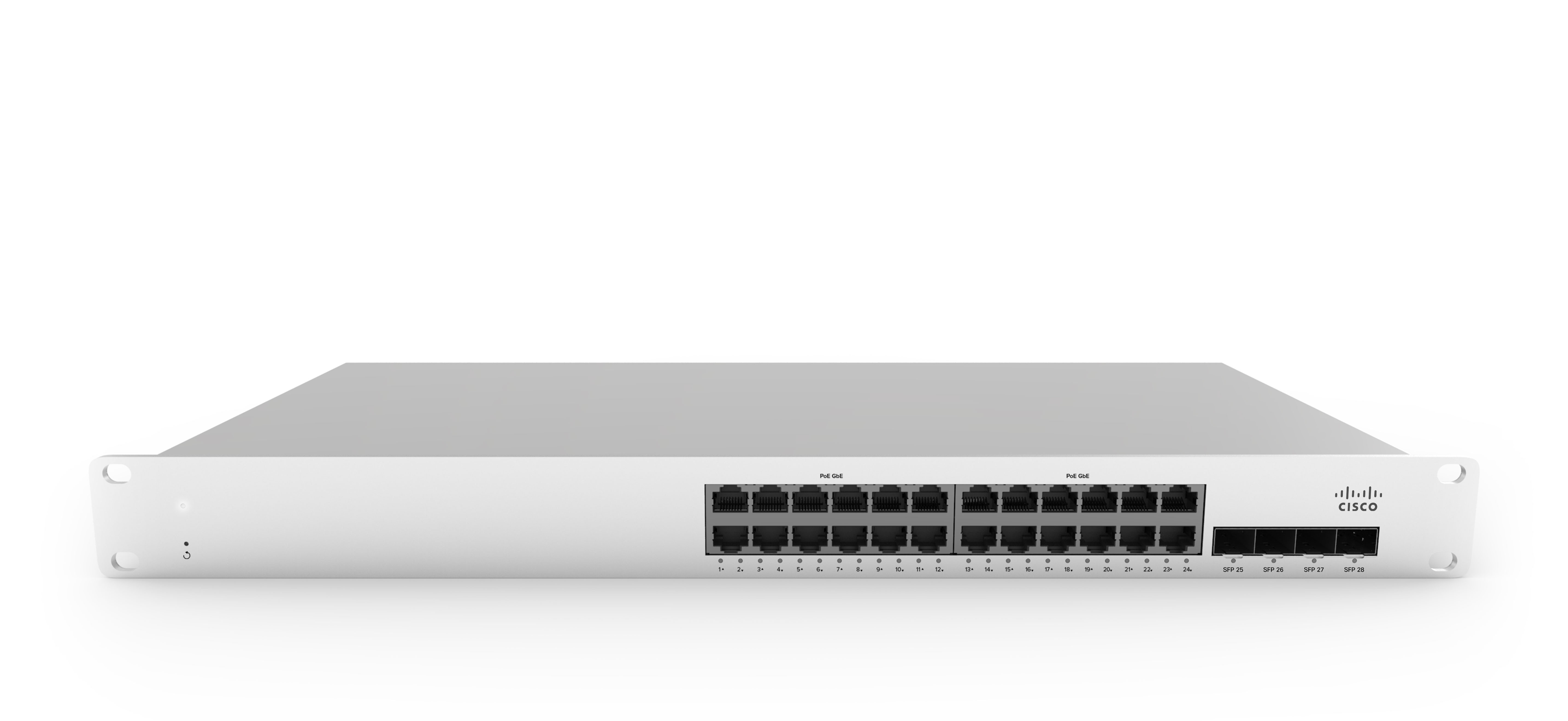 Switch Cisco bianco con molte porte. Logo Cisco a destra. Sfondo bianco.