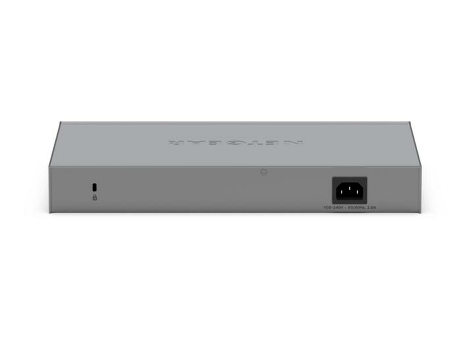 Widok z tyłu szarego urządzenia sieciowego z portem zasilania. Urządzenie ma logo NETGEAR.