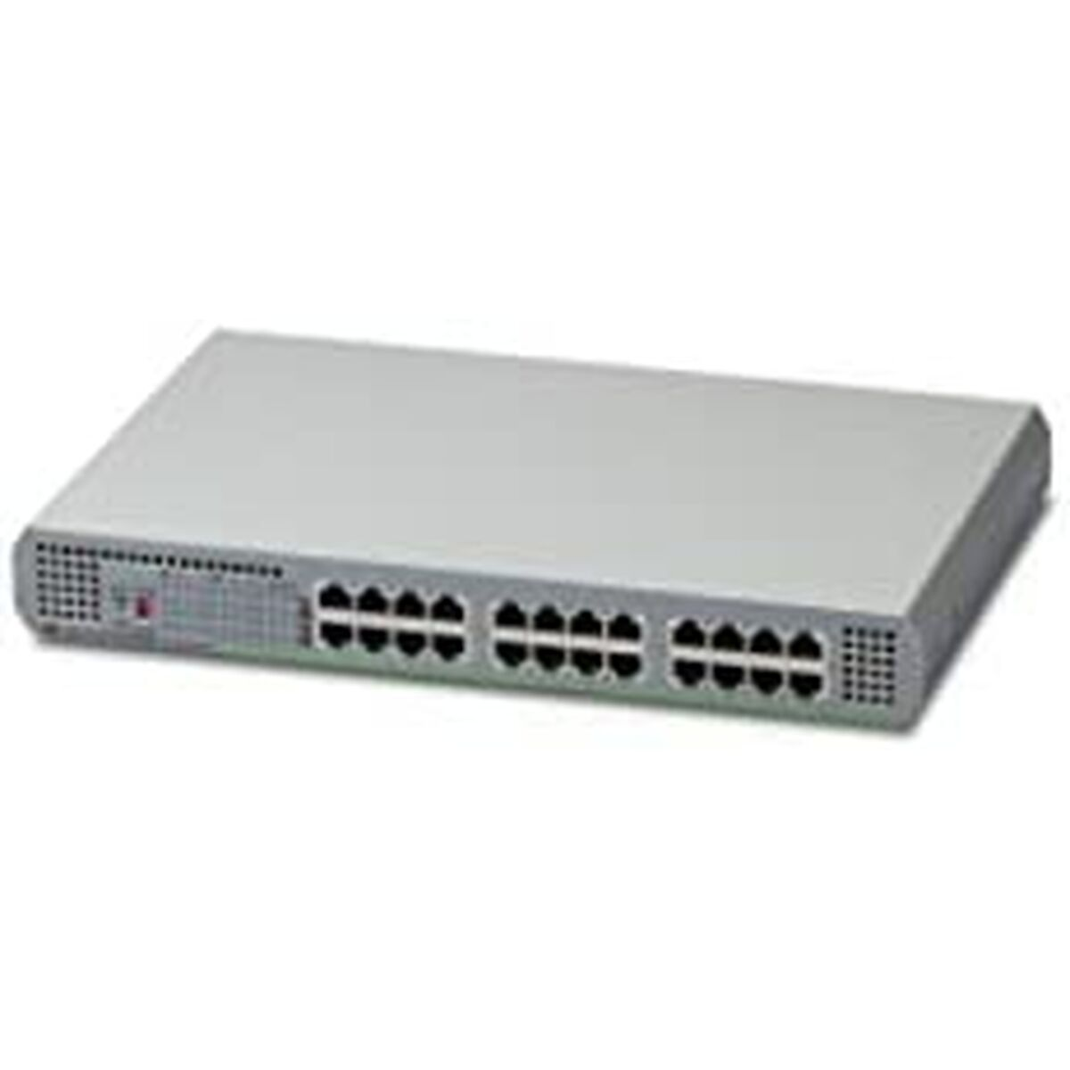 Switch di rete argentato con porte. Sfondo bianco.