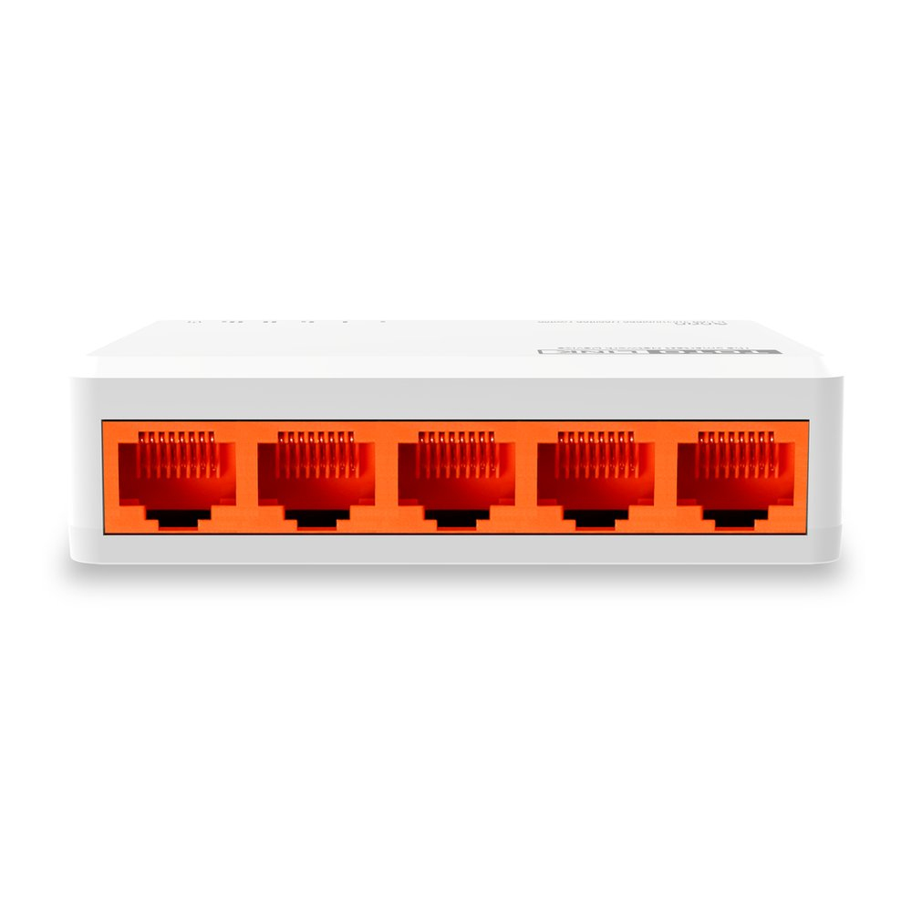 Switch di rete bianco con cinque porte Ethernet arancioni, su sfondo bianco.