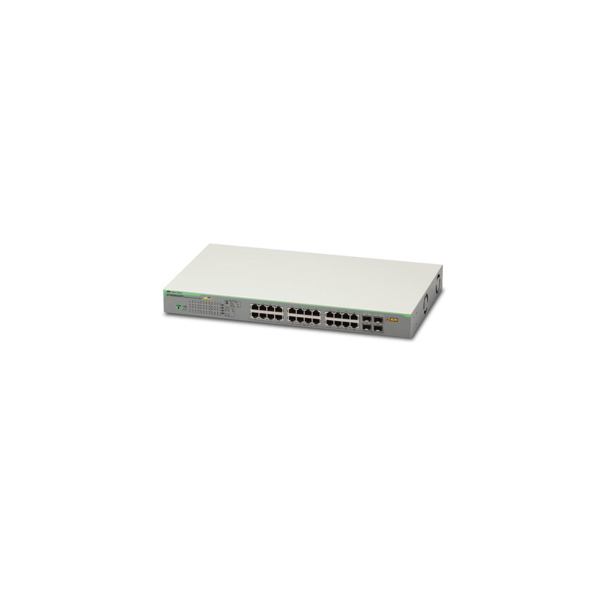 Uno switch di rete con molte porte. Ha un colore grigio chiaro.