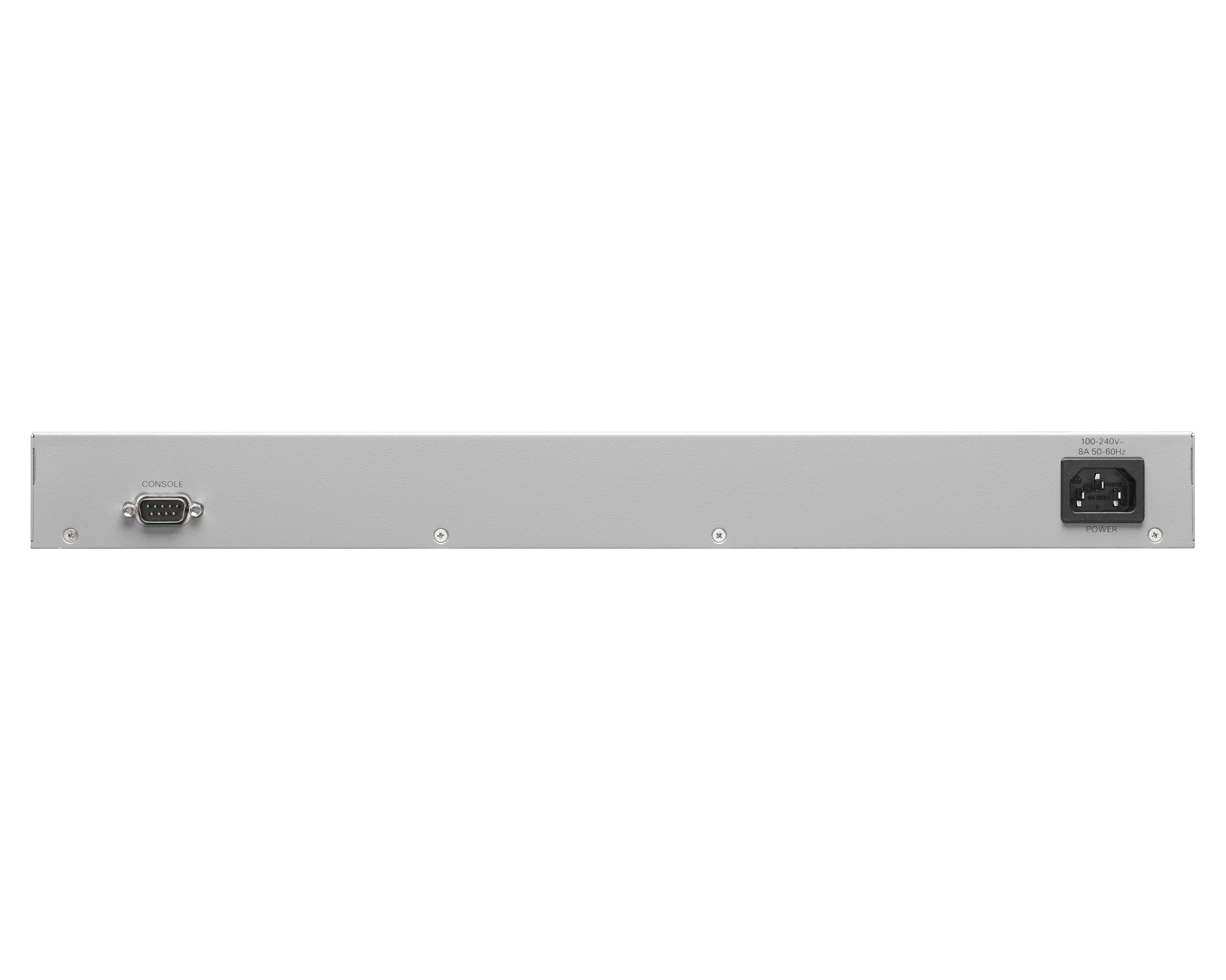 Ein grauer, rechteckiger Netzwerk-Switch mit Anschlüssen und einem Stromeingang auf der Rückseite.