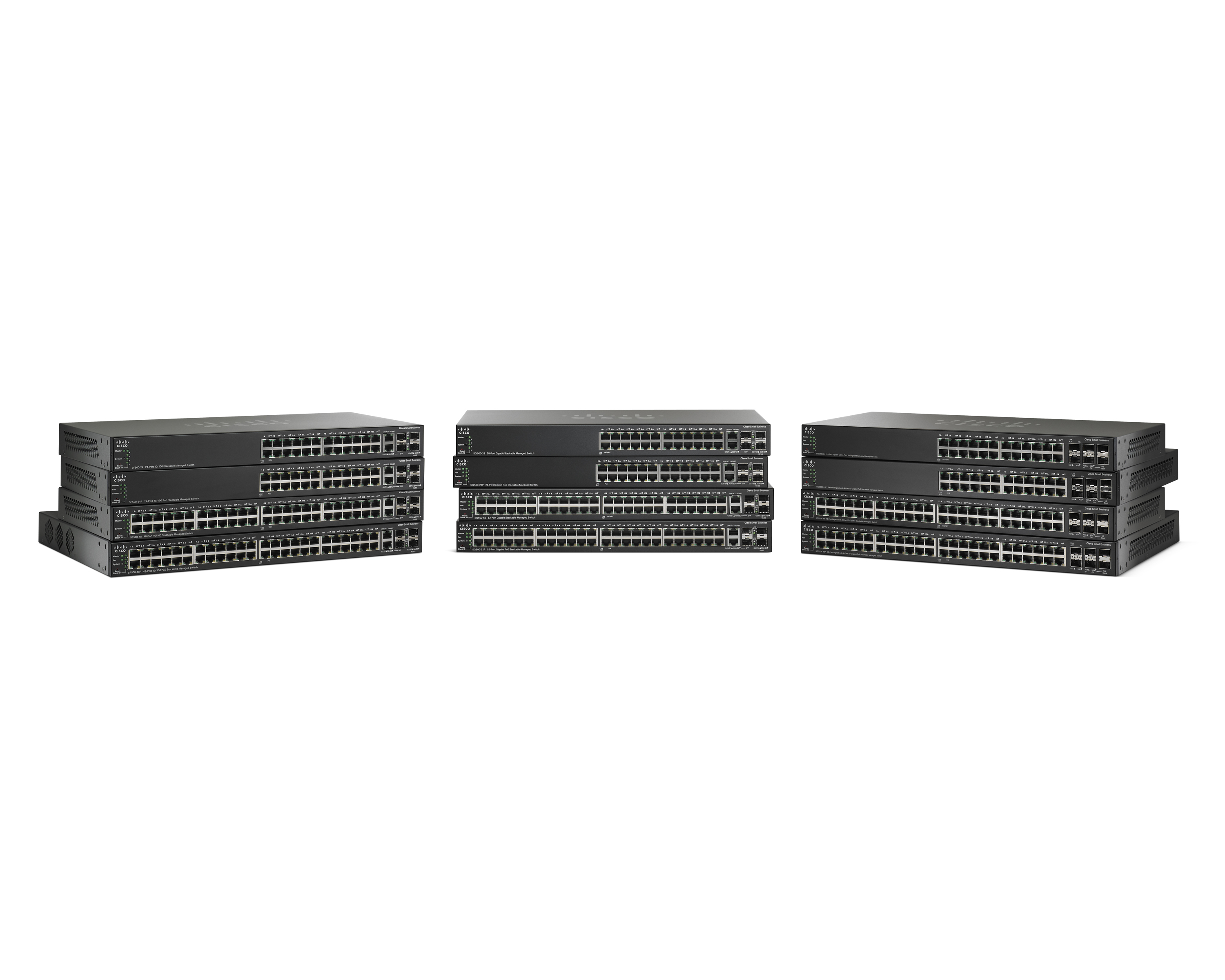 Drei Stapel schwarzer Netzwerk-Switches. Jeder Switch hat zahlreiche Ports.
