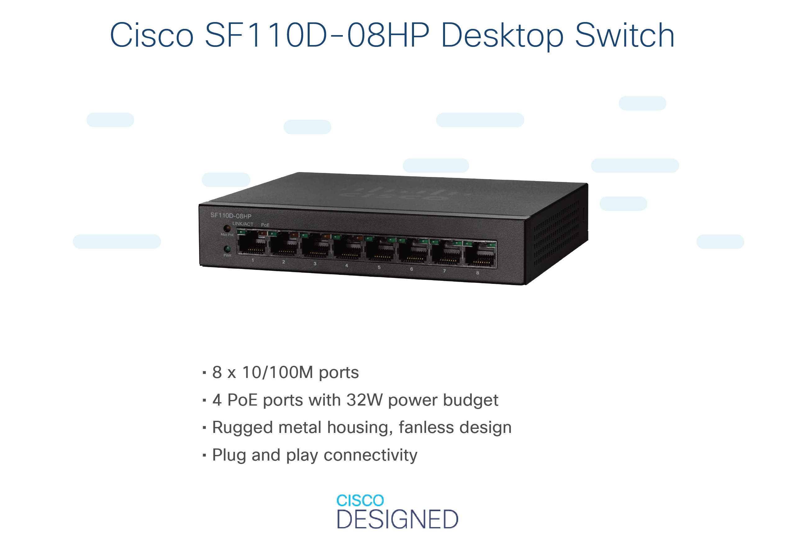 Schwarzer Cisco Desktop-Switch mit Anschlüssen und Kontrollleuchten und Bulletpoint-Spezifikationen auf Weiß.