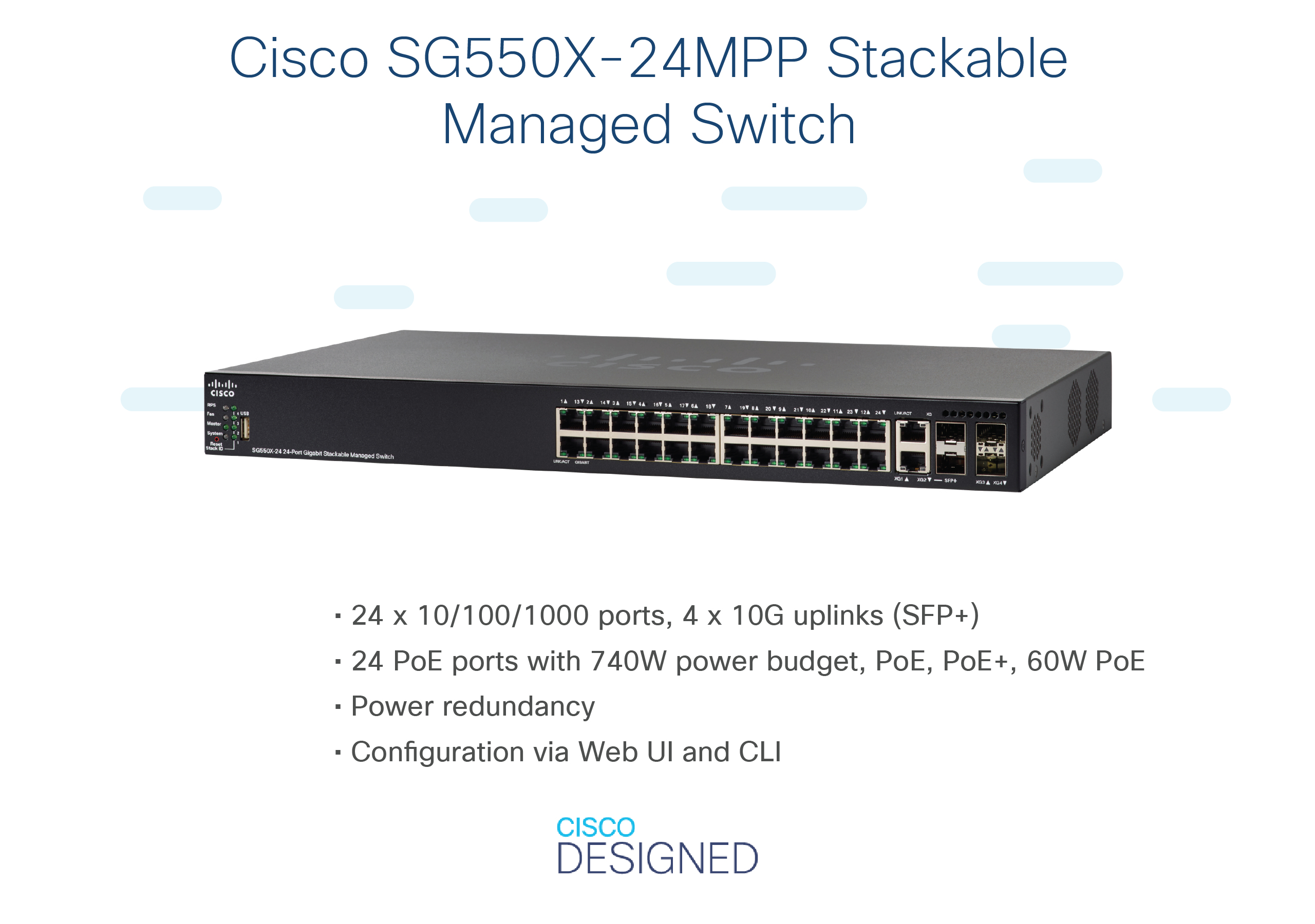 Cisco SG550X-24MPP Switch mit Textbeschreibung. Schwarzes Gehäuse, Anschlüsse vorne.