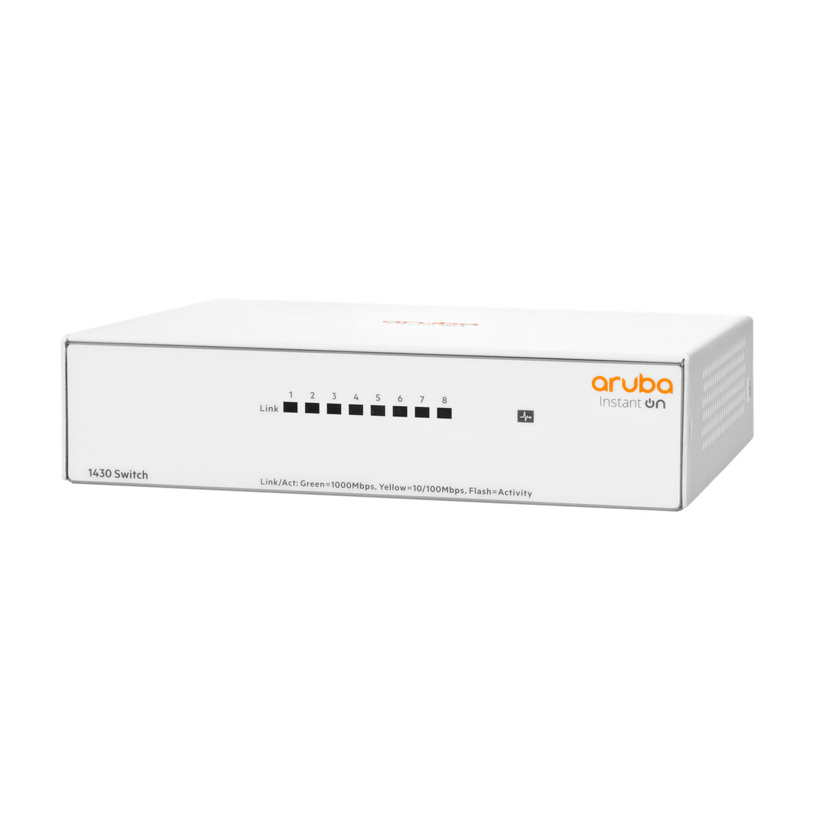 Switch di rete Aruba bianco con più porte e spie luminose, con il logo Aruba.