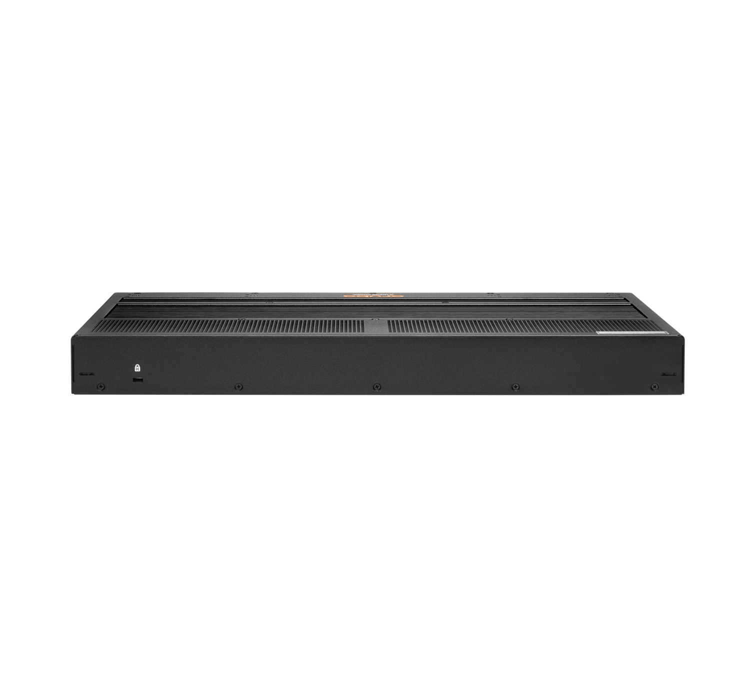 Switch di rete nero, vista frontale. Porte multiple e alcune luci. Design minimalista.