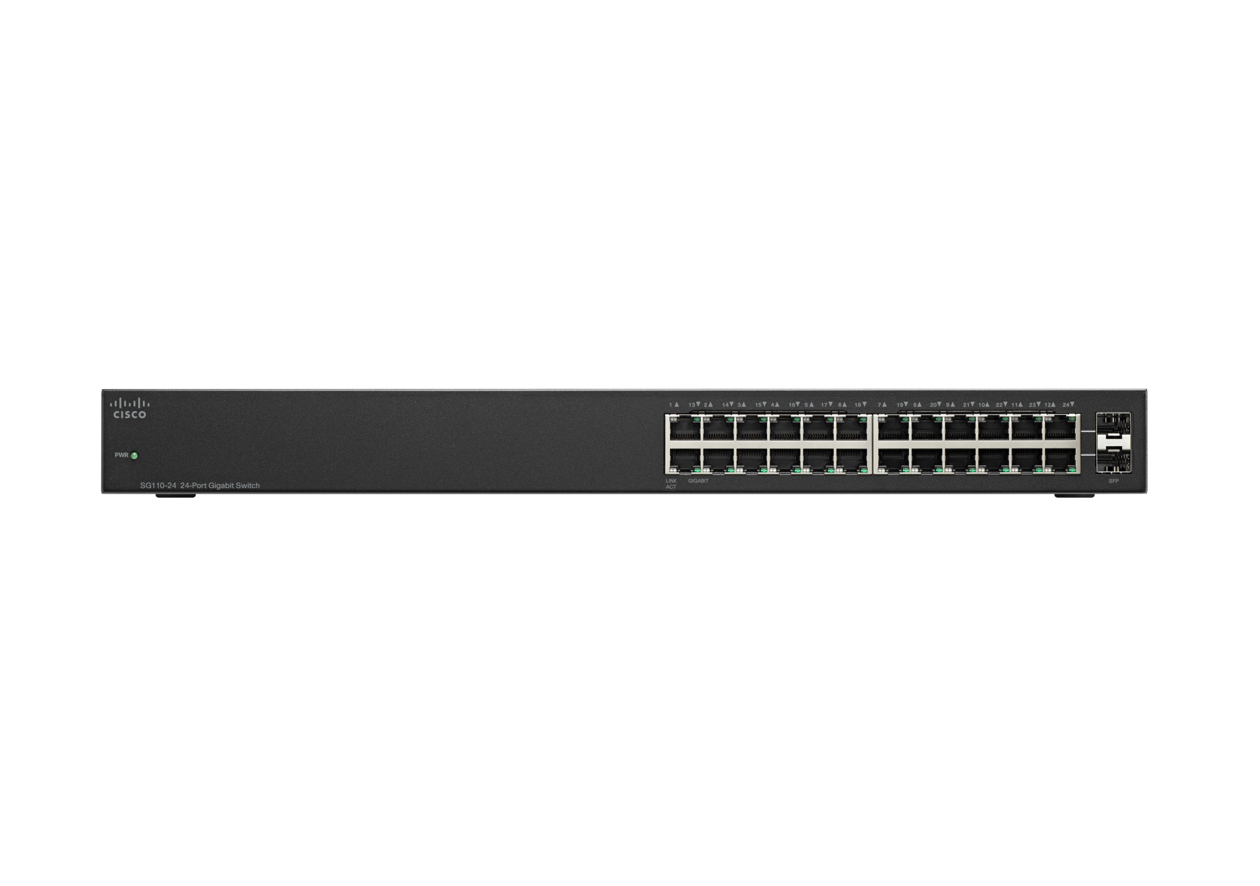 Schwarzer Netzwerk-Switch mit vielen Ports. Zeigt Cisco-Logo. Horizontale Ansicht.