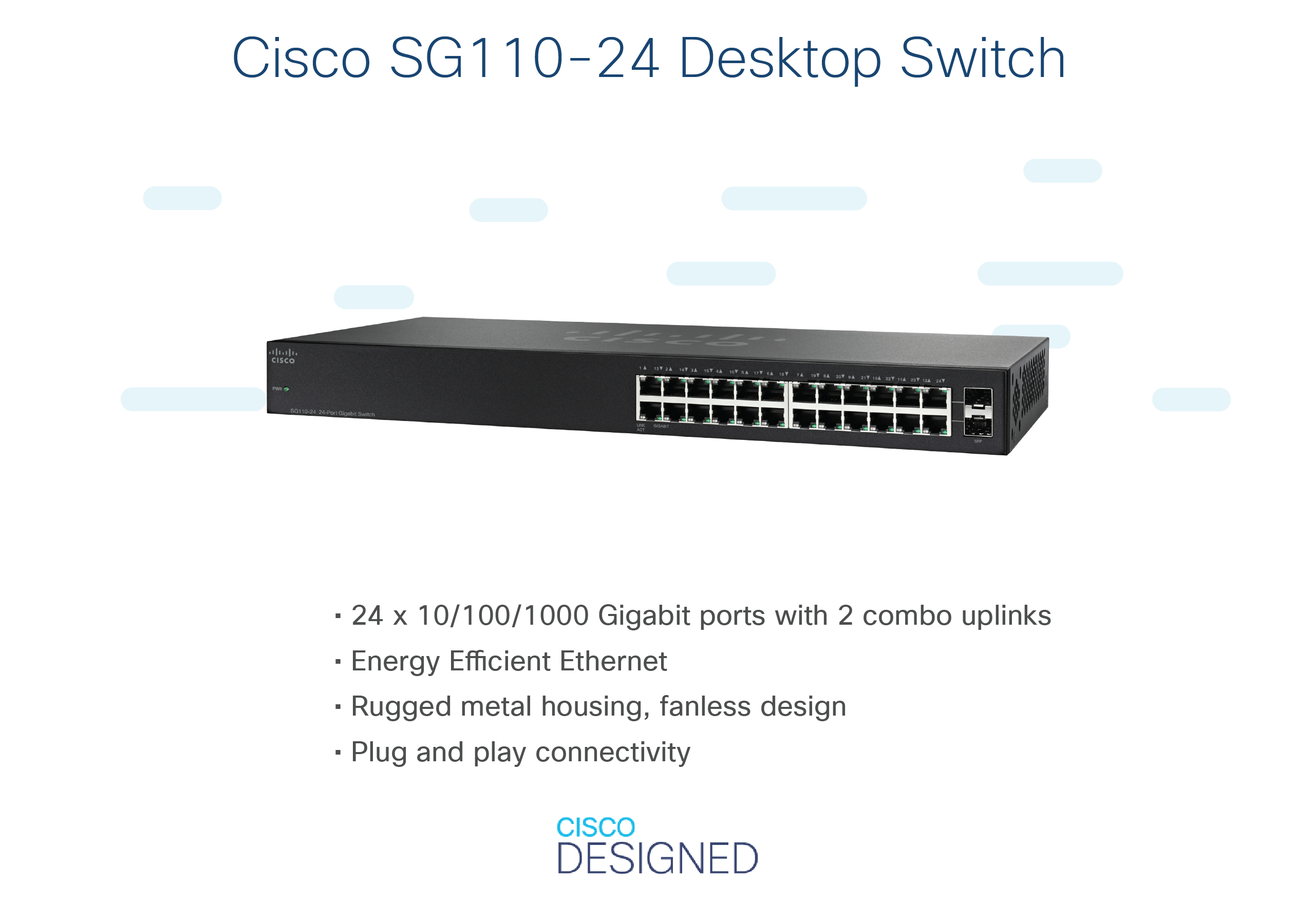 Cisco SG110-24 Desktop Switch mit vielen Anschlüssen. Informationen werden angezeigt.