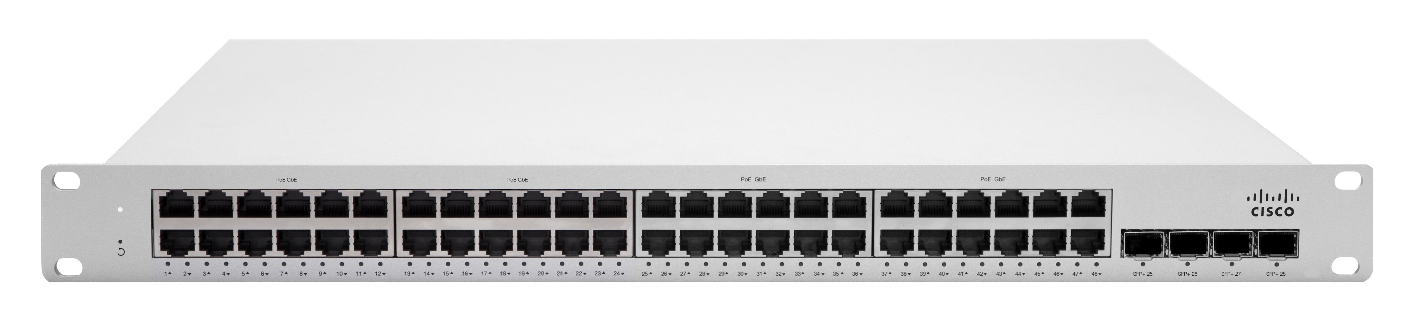 Silberner Cisco Netzwerk-Switch mit mehreren Ports. Er hat viele Ports auf der Vorderseite und ein Cisco-Logo.