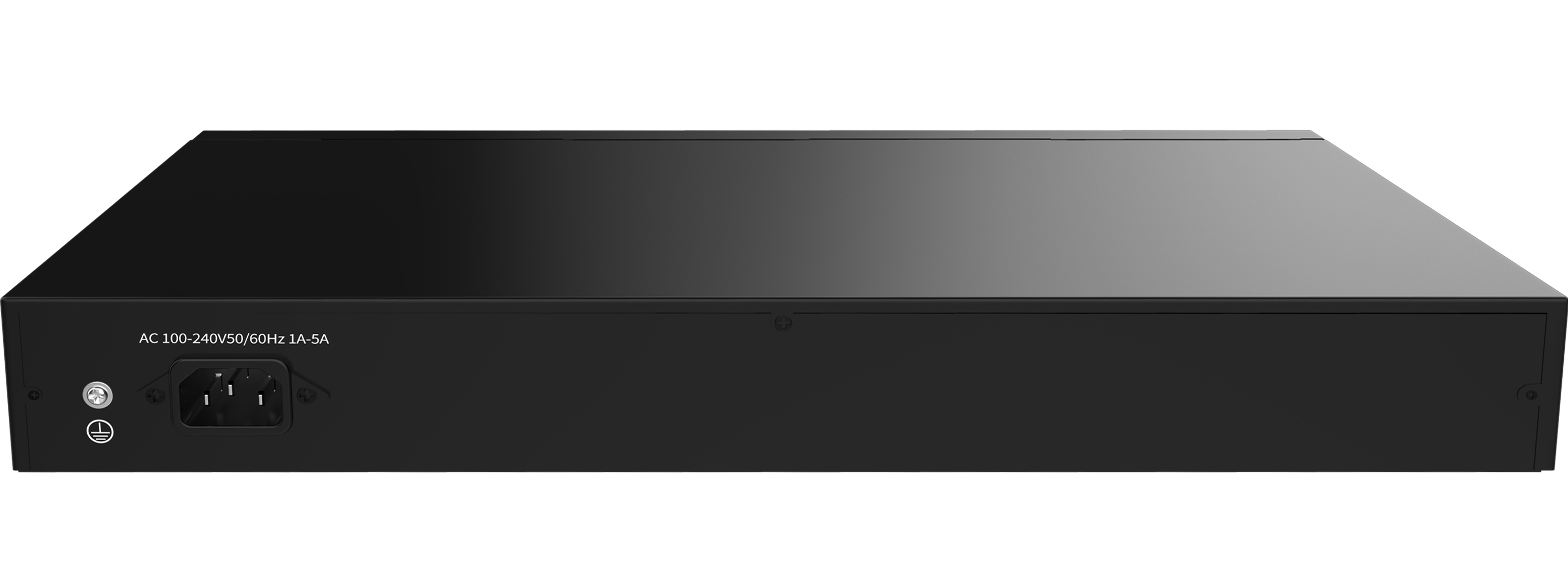 Czarny przełącznik sieciowy z wejściem zasilania i innymi połączeniami.