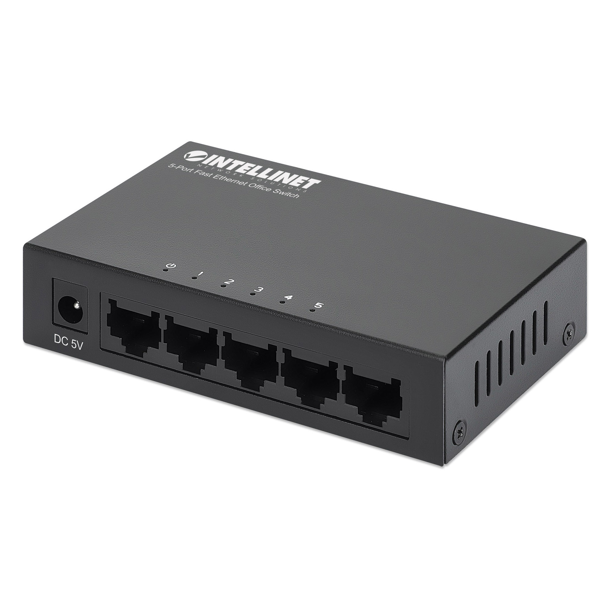 Switch Intellinet nero con cinque porte e un ingresso DC 5V.