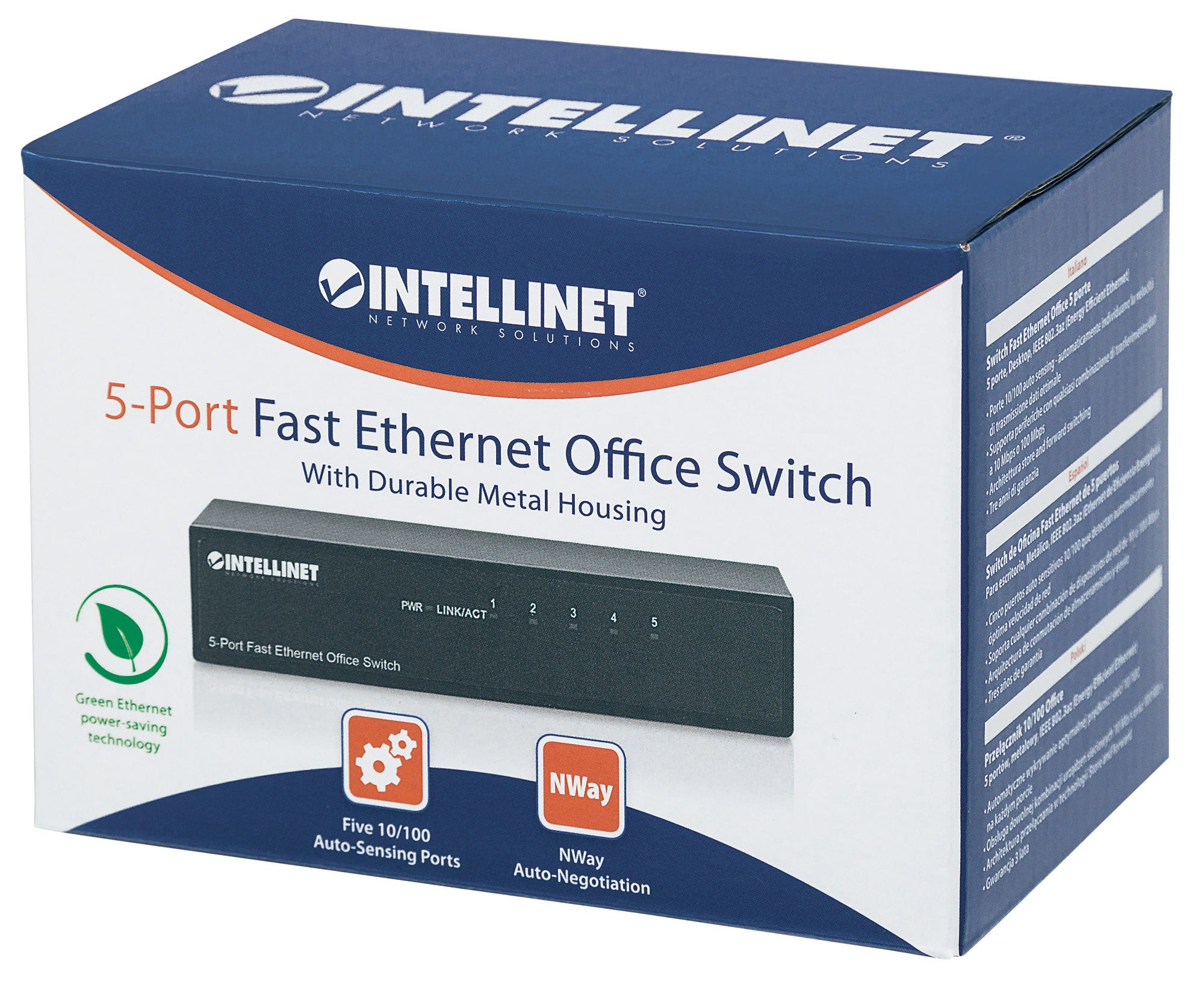 Switch Intellinet a 5 porte in una scatola. Sfondo bianco.