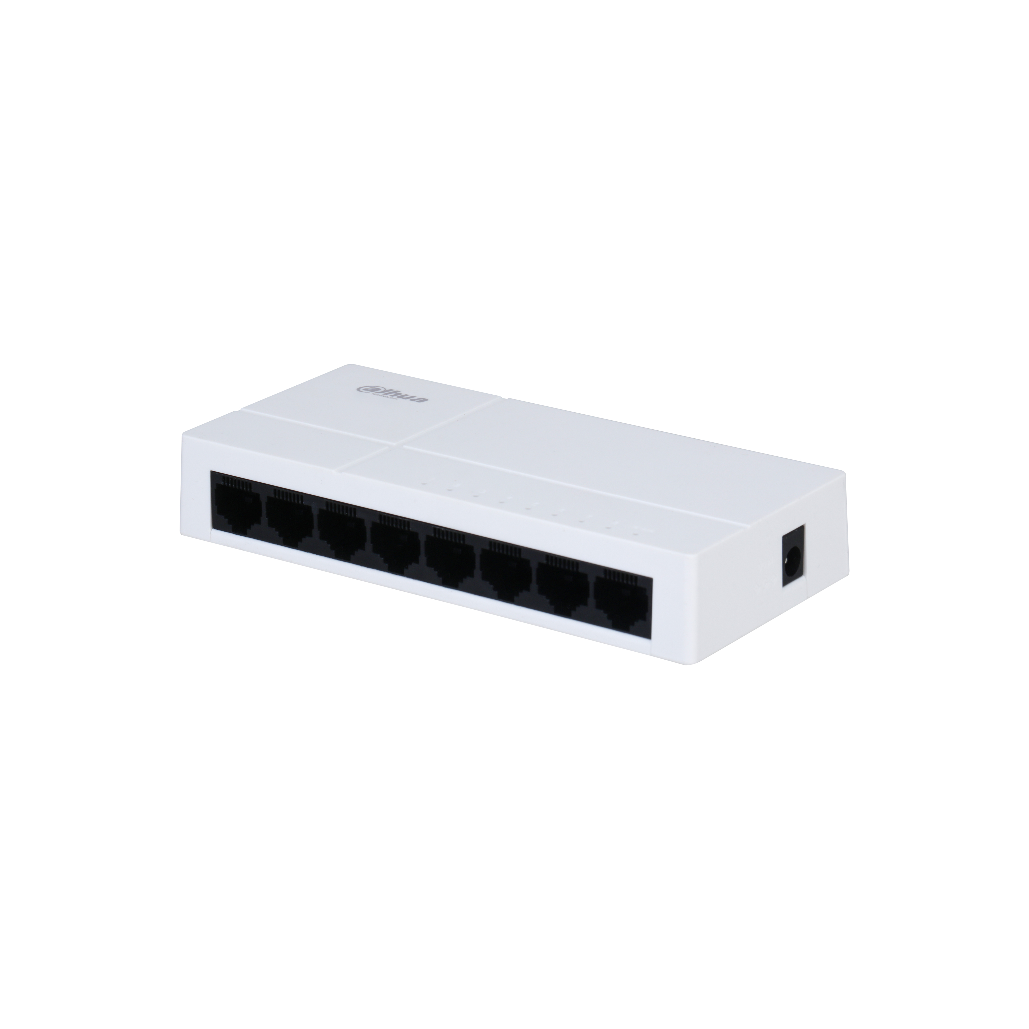 Switch di rete bianco con 8 porte. Il marchio è scritto sopra.