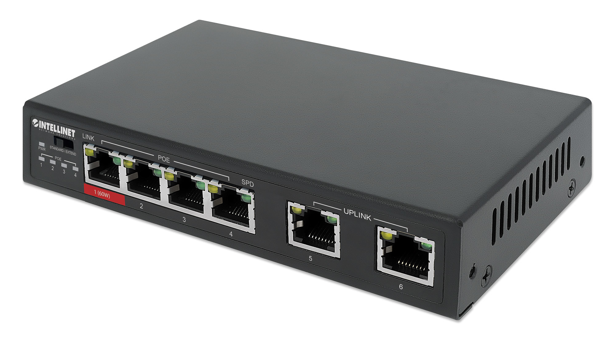 Switch Intellinet nero con 6 porte. Etichette sulla parte superiore.