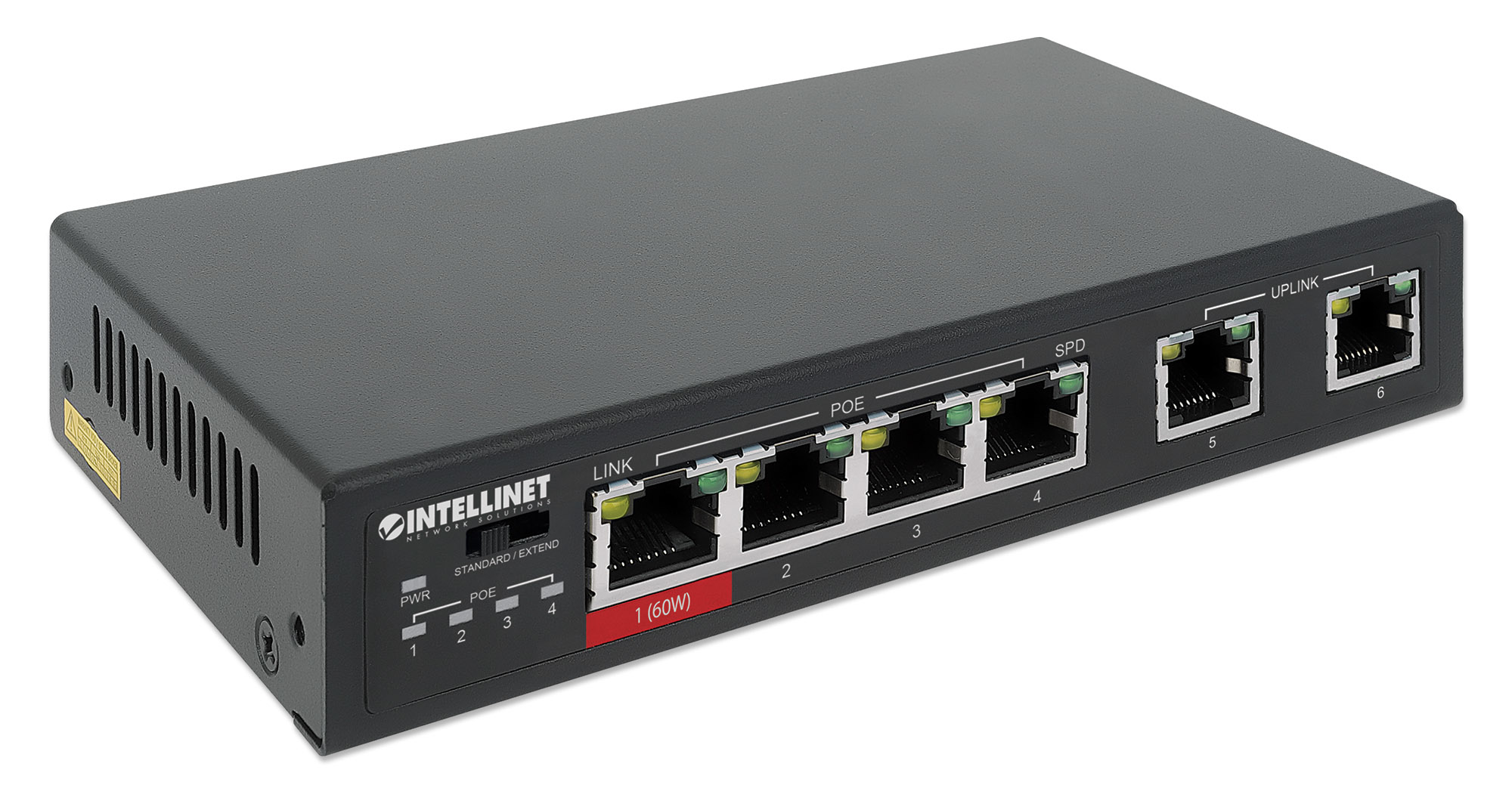 Switch di rete nero con 6 porte e spie di stato. C'è la parola 'Intellinet' sul lato.